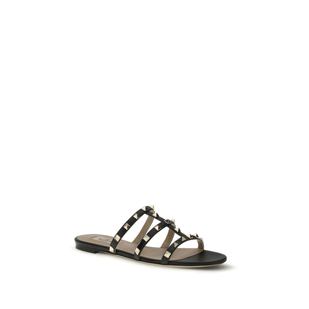 Valentino Garavani Black Calf Leather Bos Taurus Flat Sandals