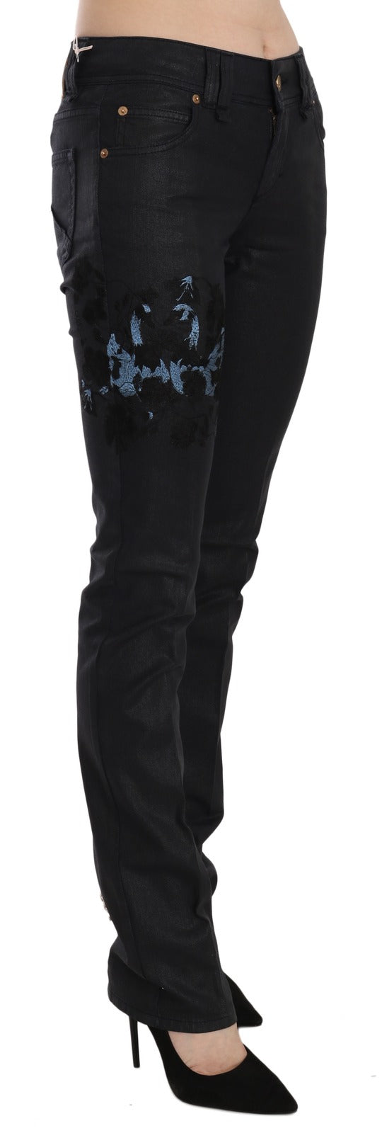 John Galliano Black Swan Blumenbestickte Mid-Waist Skinny Jeans