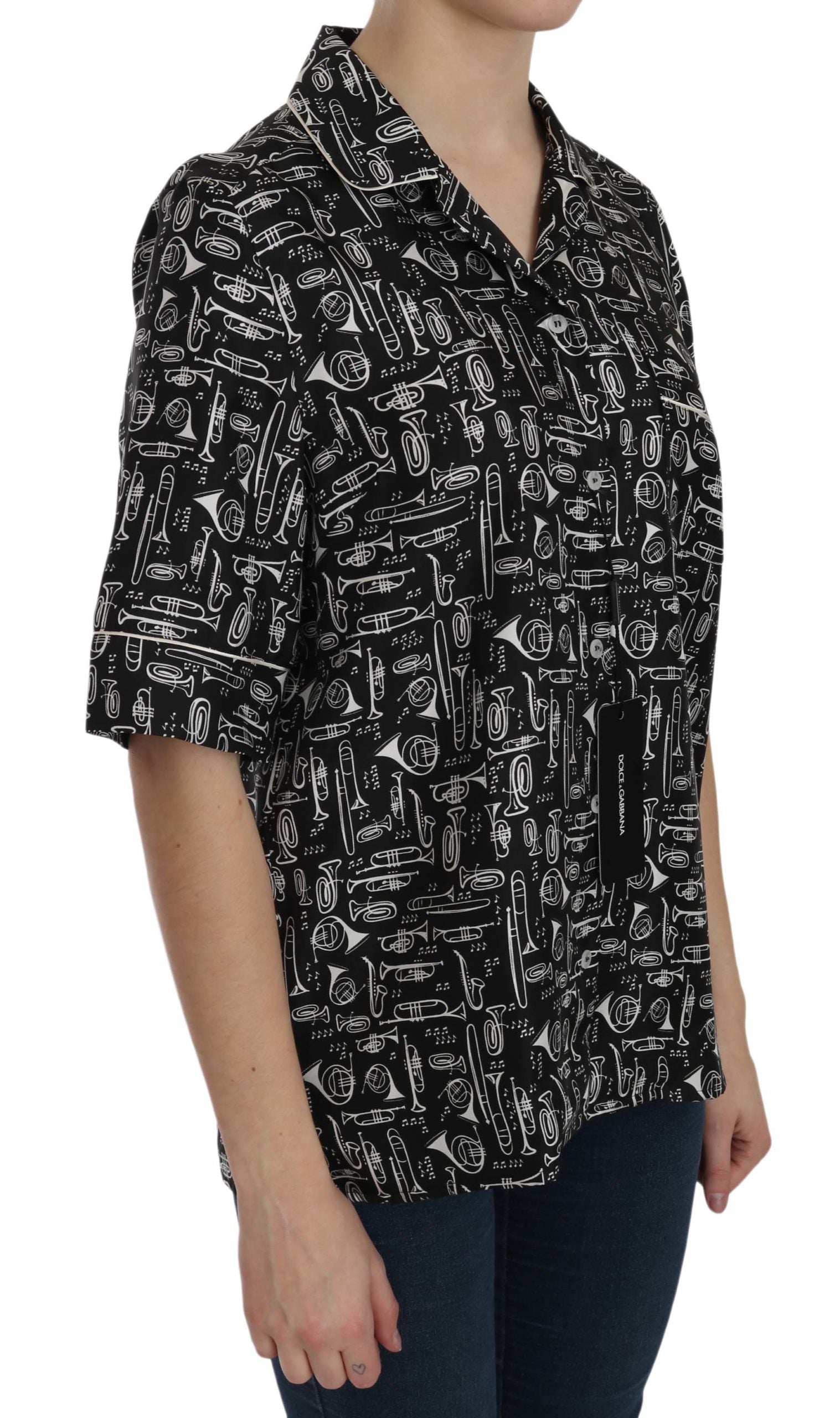 Dolce & Gabbana Schwarzes Seidentop mit Musikinstrumenten-Print
