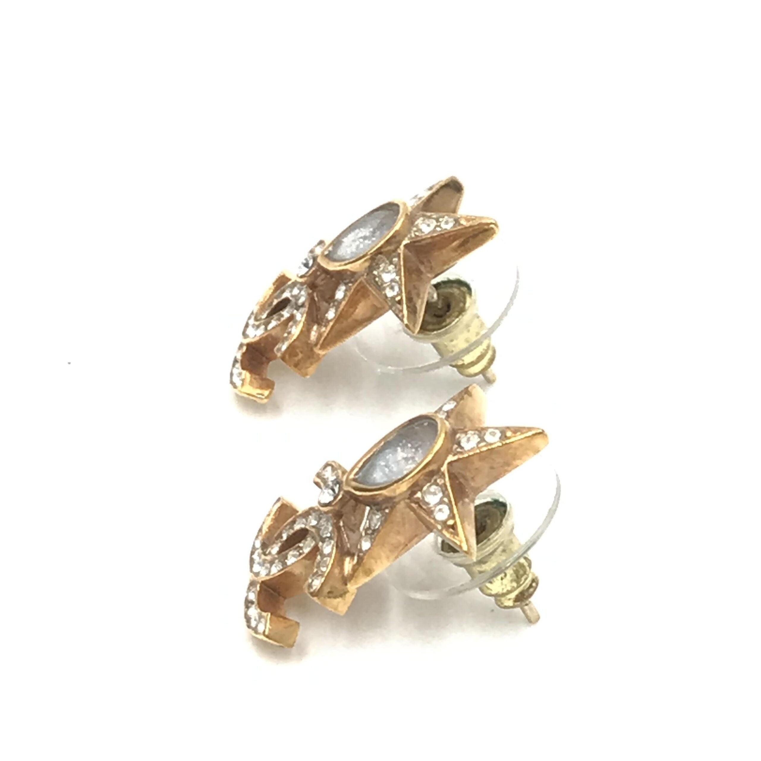 Chanel Gold Plated Star Coco Mark Earrings With Rhinestones