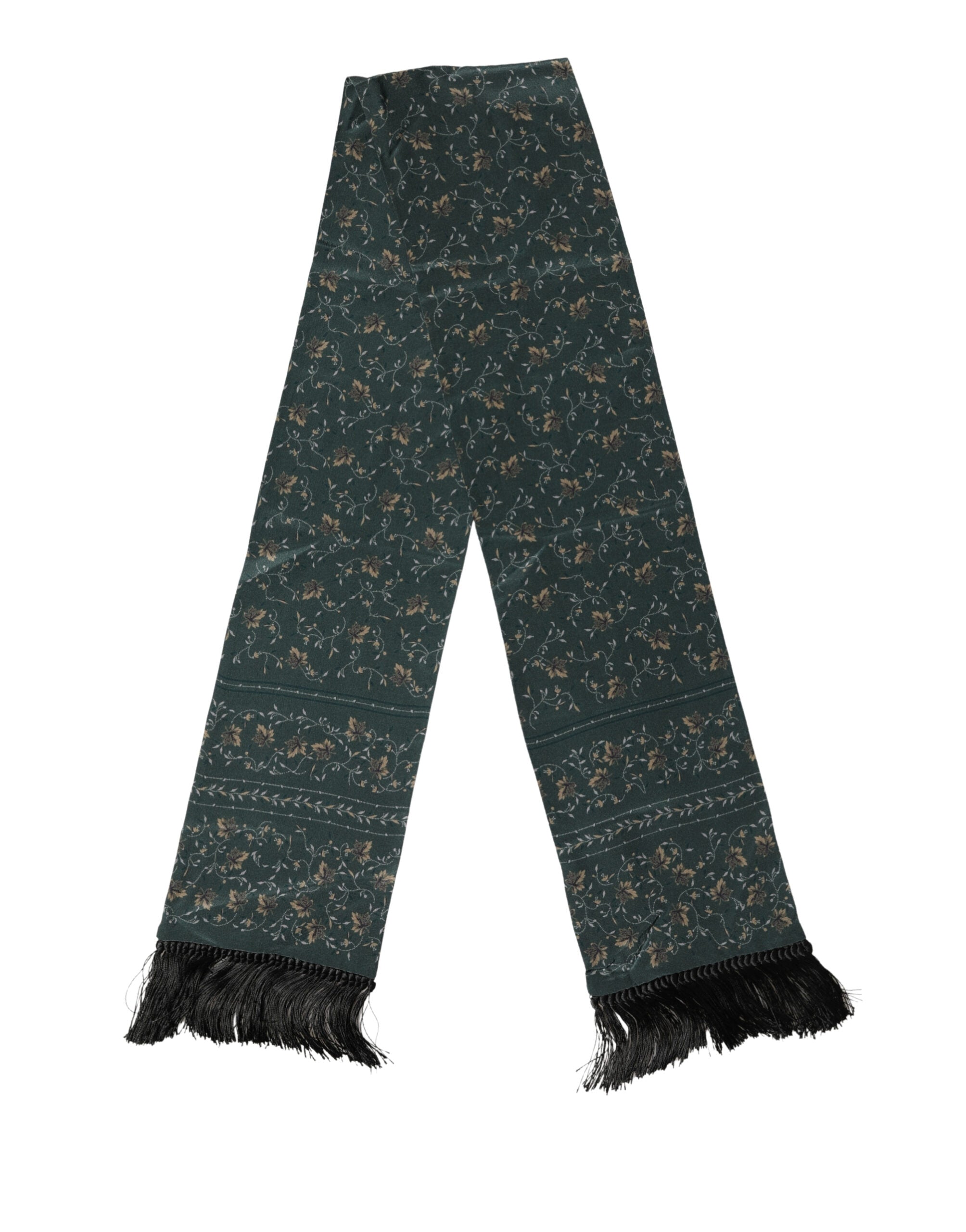 Dolce & Gabbana Green Silk Floral Pattern Fringed 135cm X 16cm Scarf
