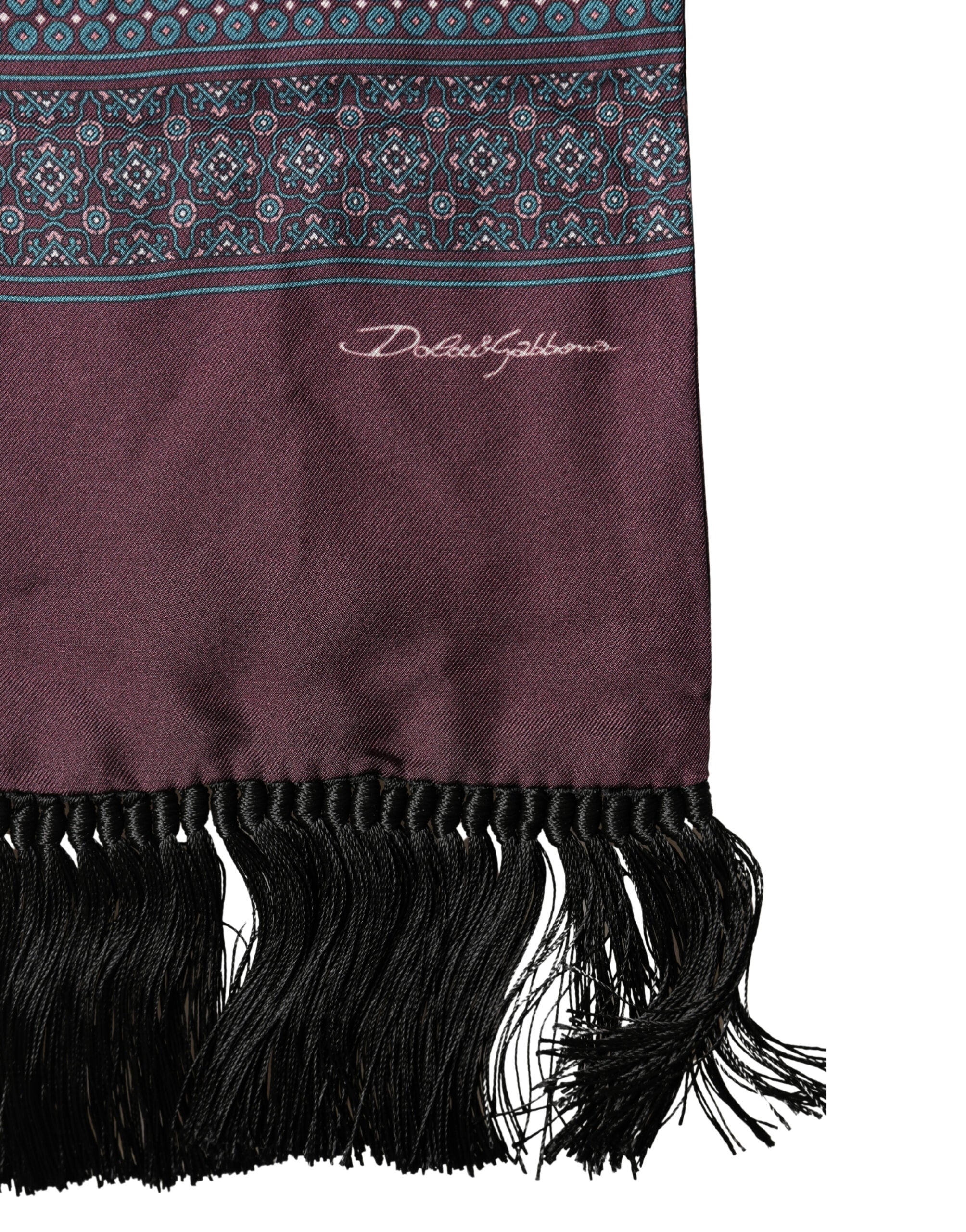 Dolce & Gabbana Bordeaux Silk Fringe Geometric Neck Wrap 142cm X 15cm Scarf