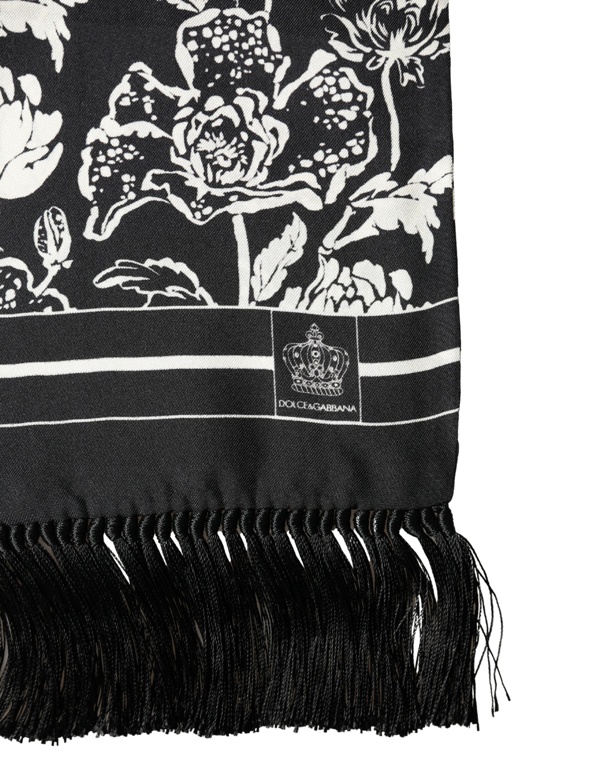 Écharpe Dolce & Gabbana en soie noire et blanche à imprimé floral, à franges, 136 cm x 15,5 cm