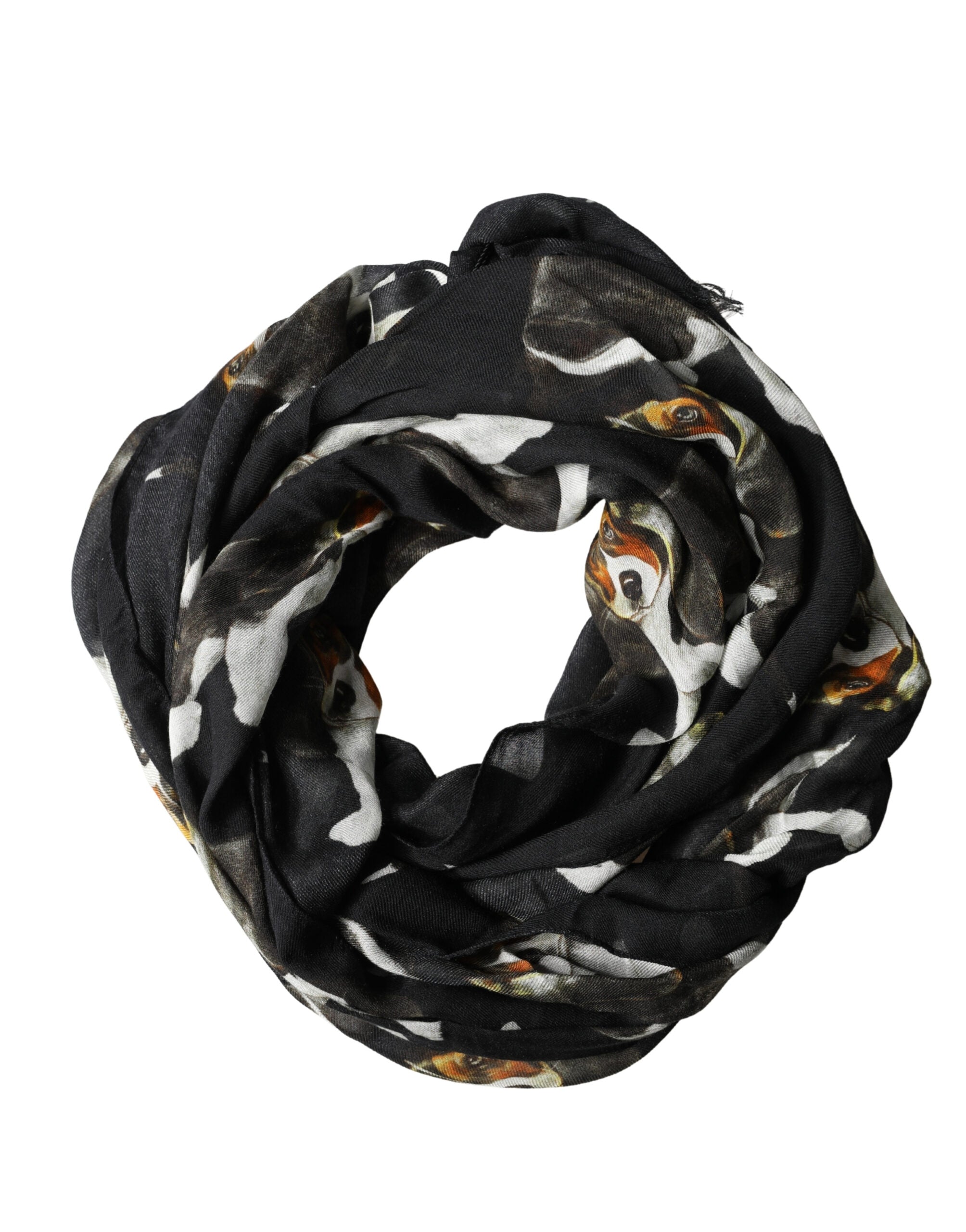Dolce & Gabbana Schwarzer Schal mit Hunde-Print aus Modal-Wolle, 178cm x 63cm