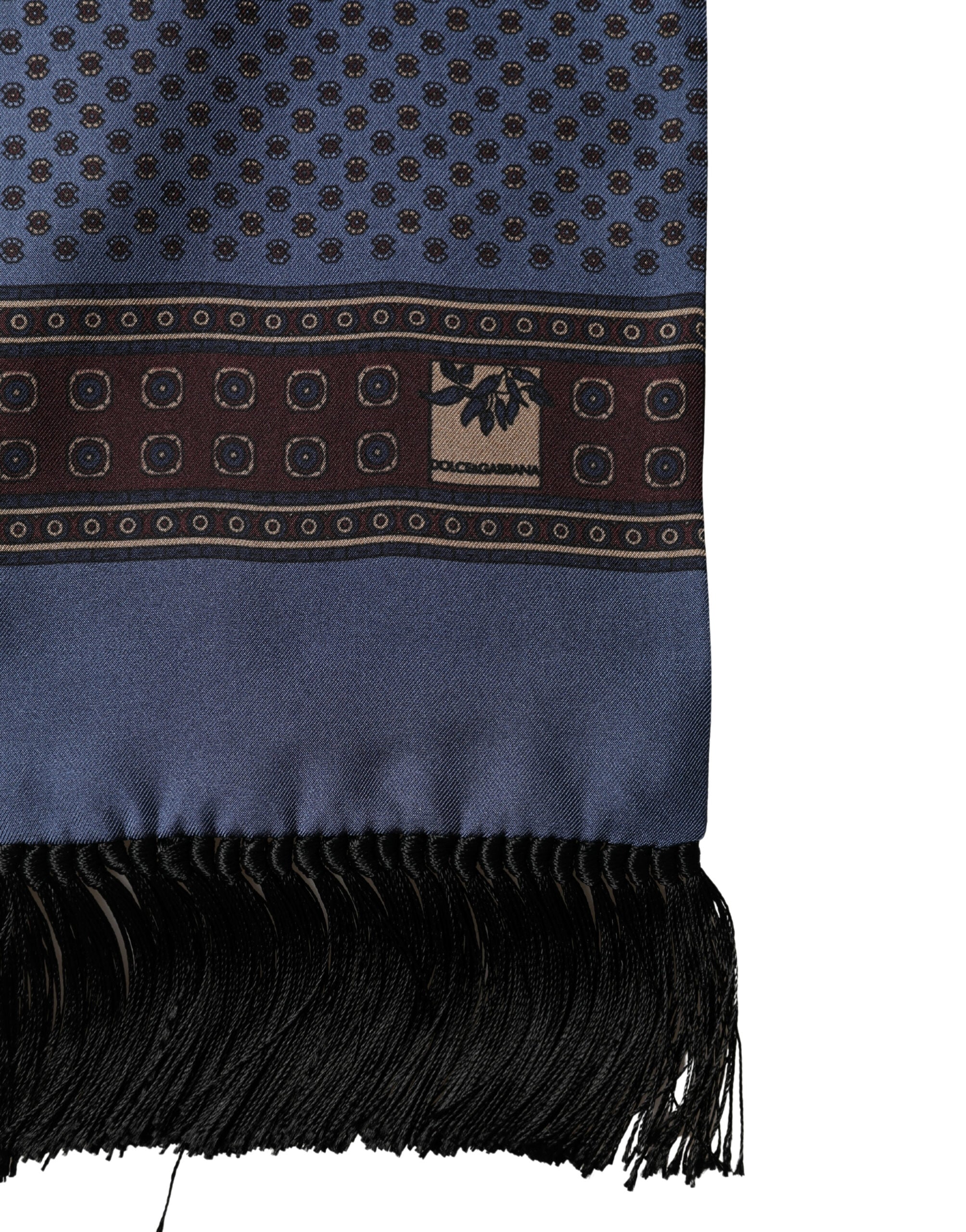 Dolce & Gabbana Blue Silk Geometric Fringe Foulard Wrap 131.5x15.5cm Scarf