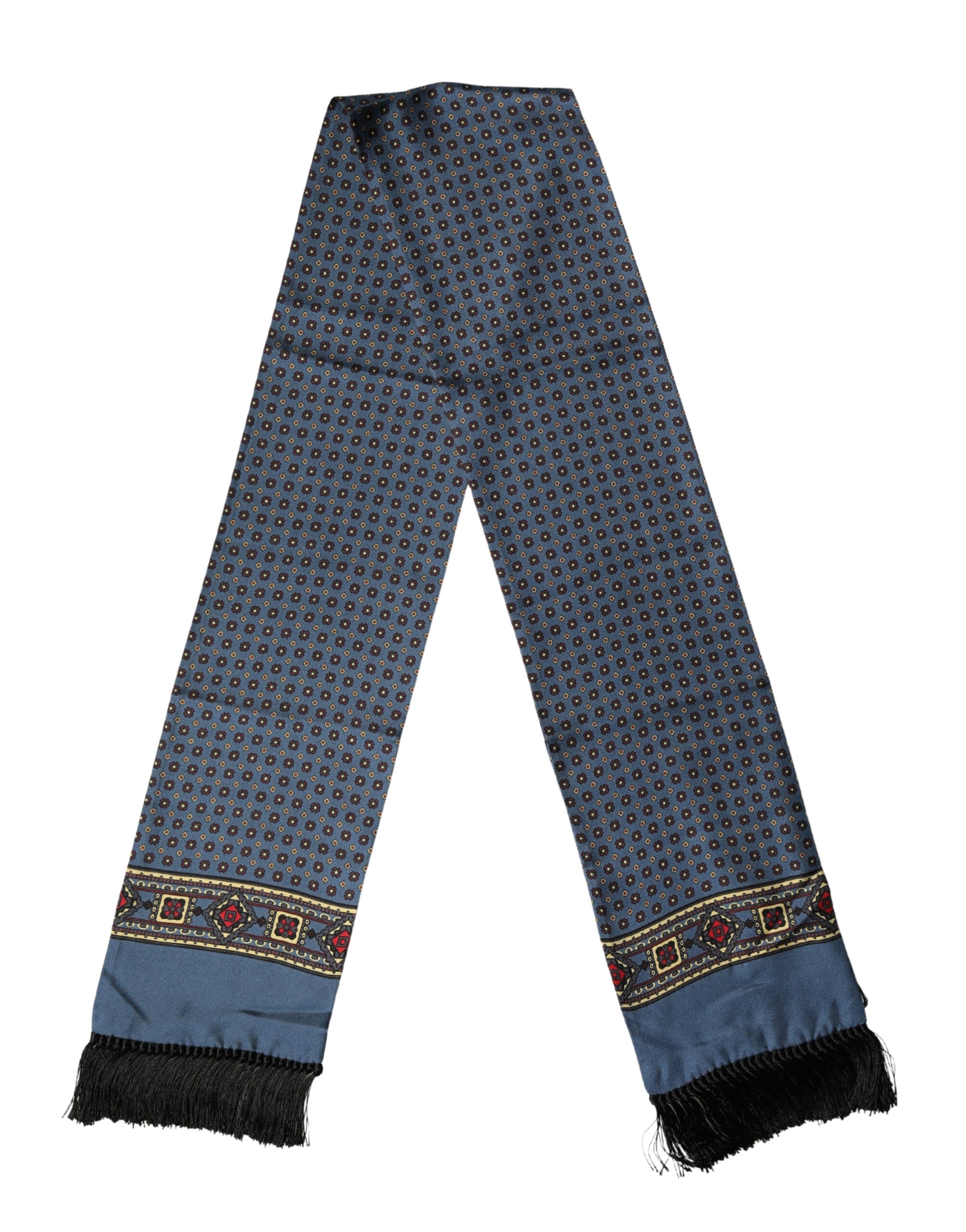 Dolce & Gabbana Blue Silk Geometric Fringe Foulard 134cm x 15.5cm Scarf