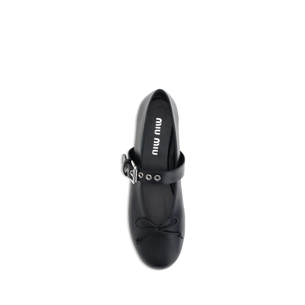 Miu Miu Black Calf Leather Bos Taurus Ballet Flats