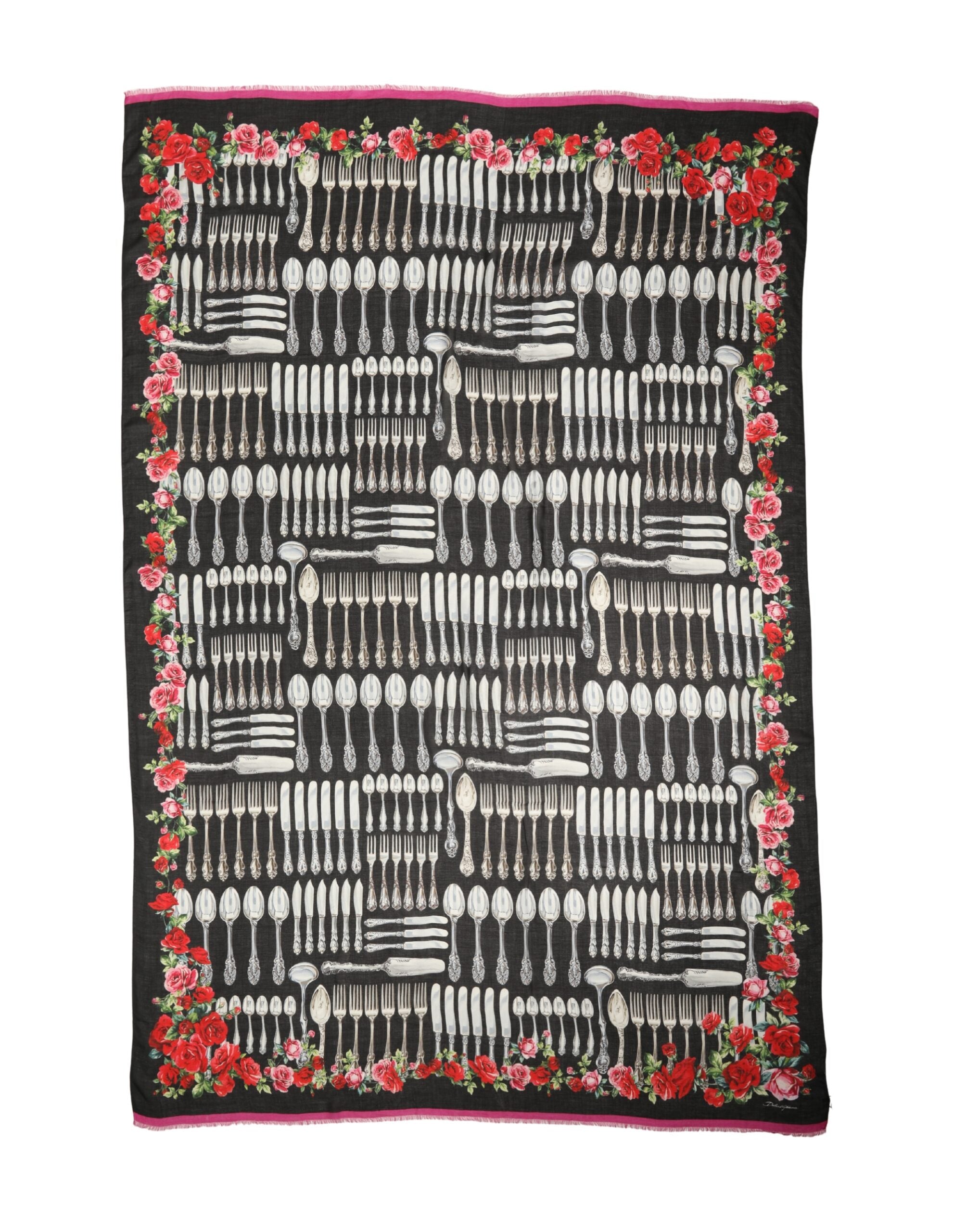 Dolce & Gabbana Multicolor Cutlery Floral Wrap Shawl 135cm x 132cm Scarf