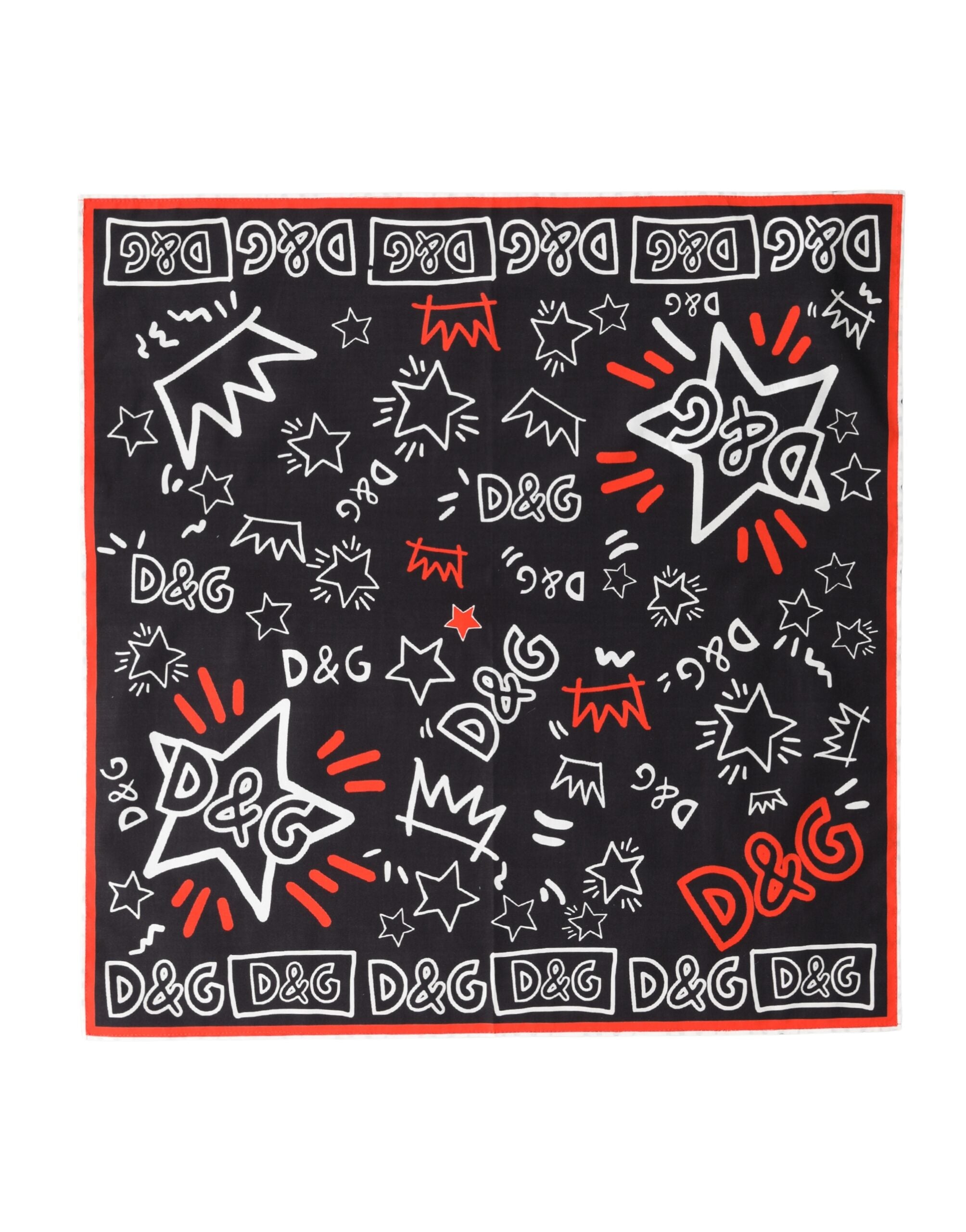 Dolce & Gabbana Black White Red DG Crown Cotton Foulard 47cm x 46cm Scarf