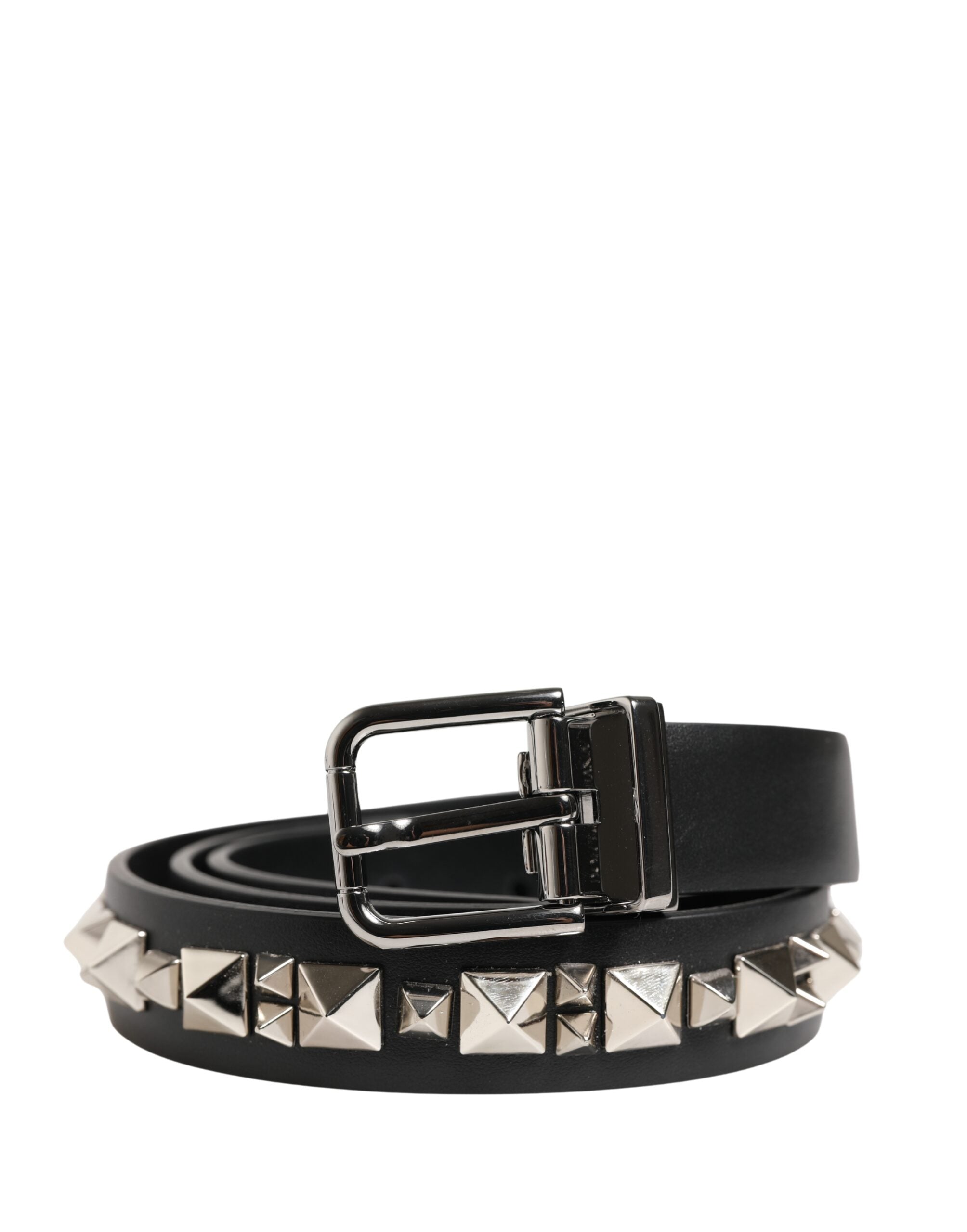 Dolce & Gabbana Black Leather Studded Silver Tone Buckle Belt