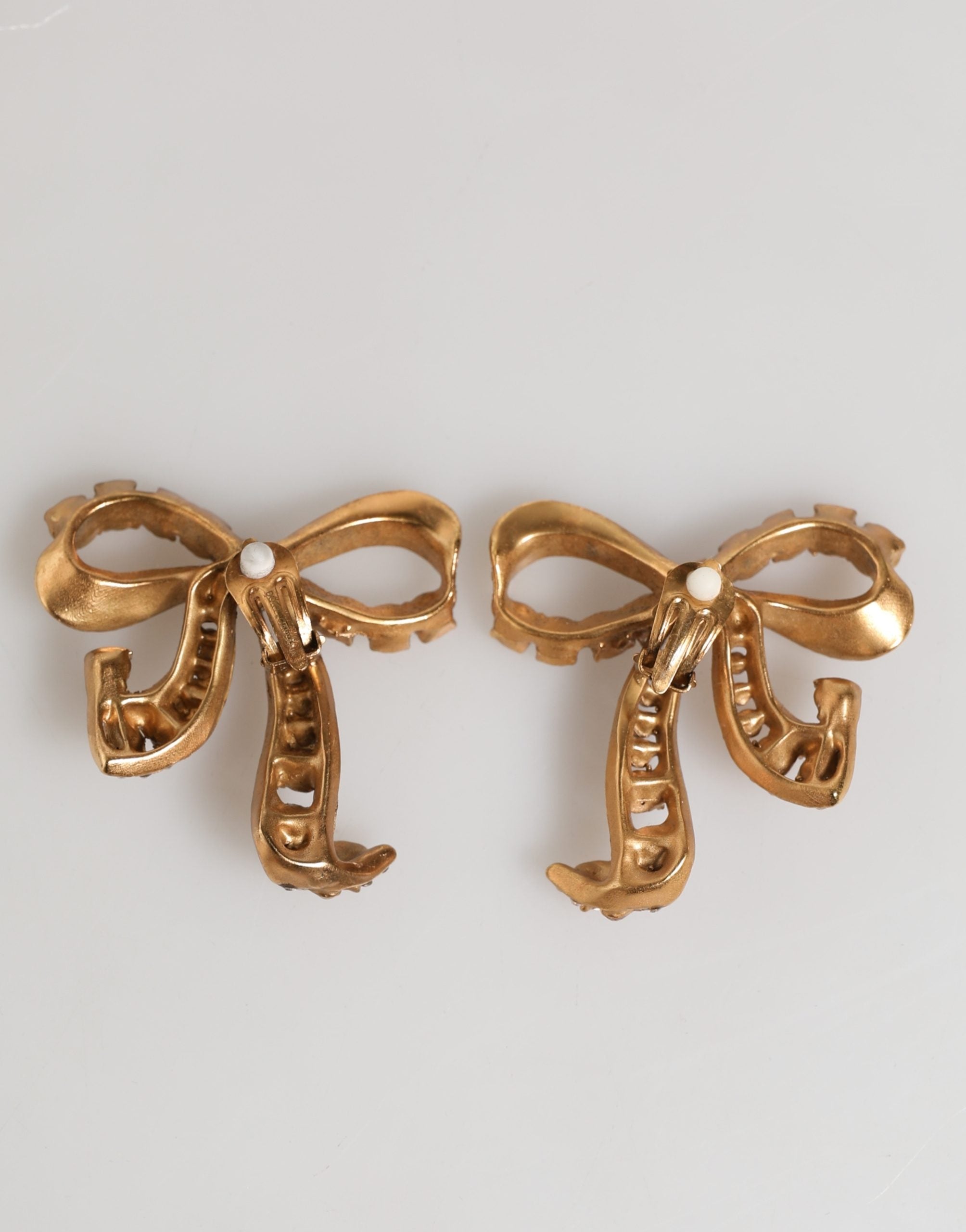 Dolce & Gabbana Gold Brass Pink Clear Crystal Bow Fiocchi Christmas Earrings