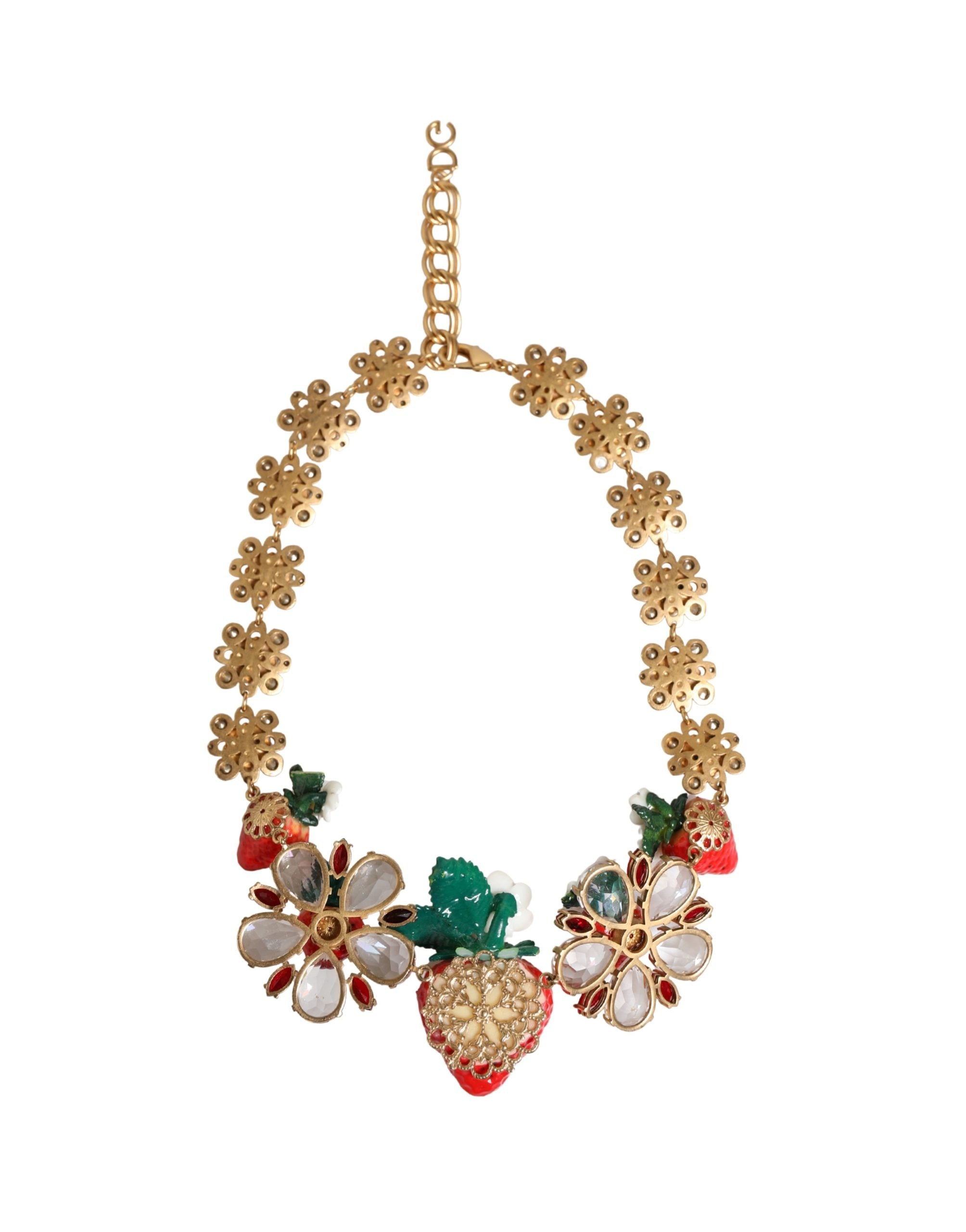 Dolce & Gabbana Goldfarbene Messing-Obst-Anhänger Blumen Kristall-Logo-Halskette