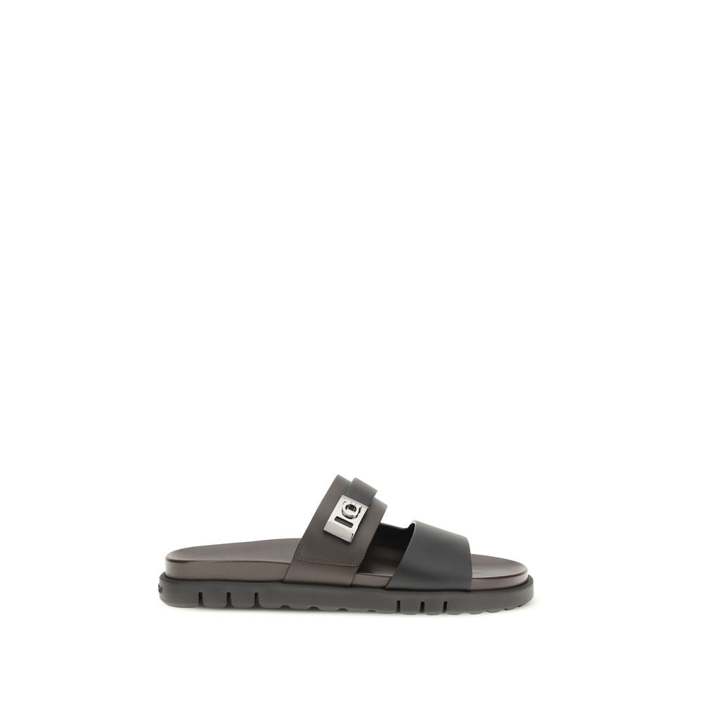 Ferragamo Black Calf Leather Bos Taurus Flat Sandals