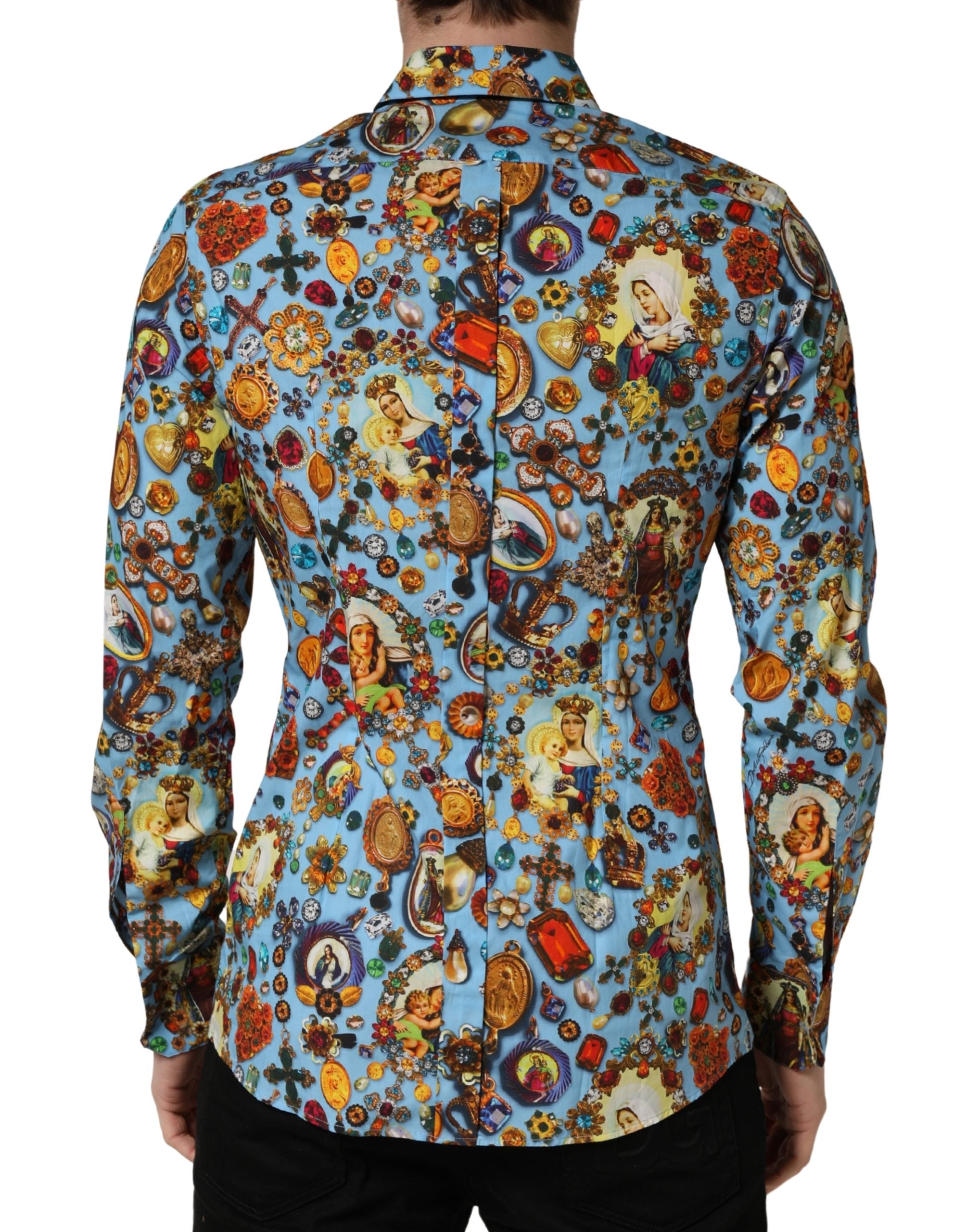 Chemise boutonnée Dolce & Gabbana en coton bleu à imprimé bijou GOLD
