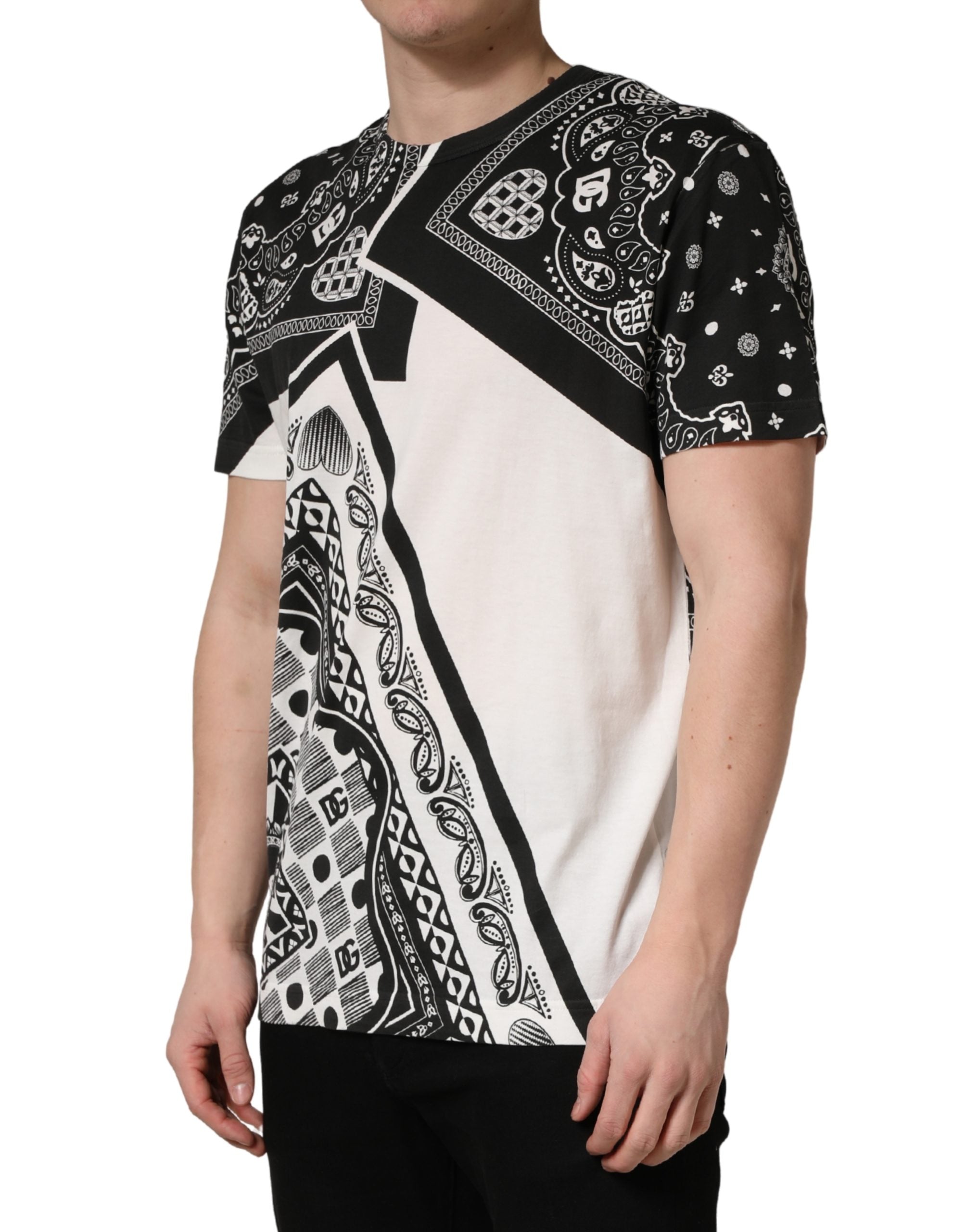 Dolce & Gabbana Schwarz-weißes Bandana Baumwoll-Rundhals-T-Shirt