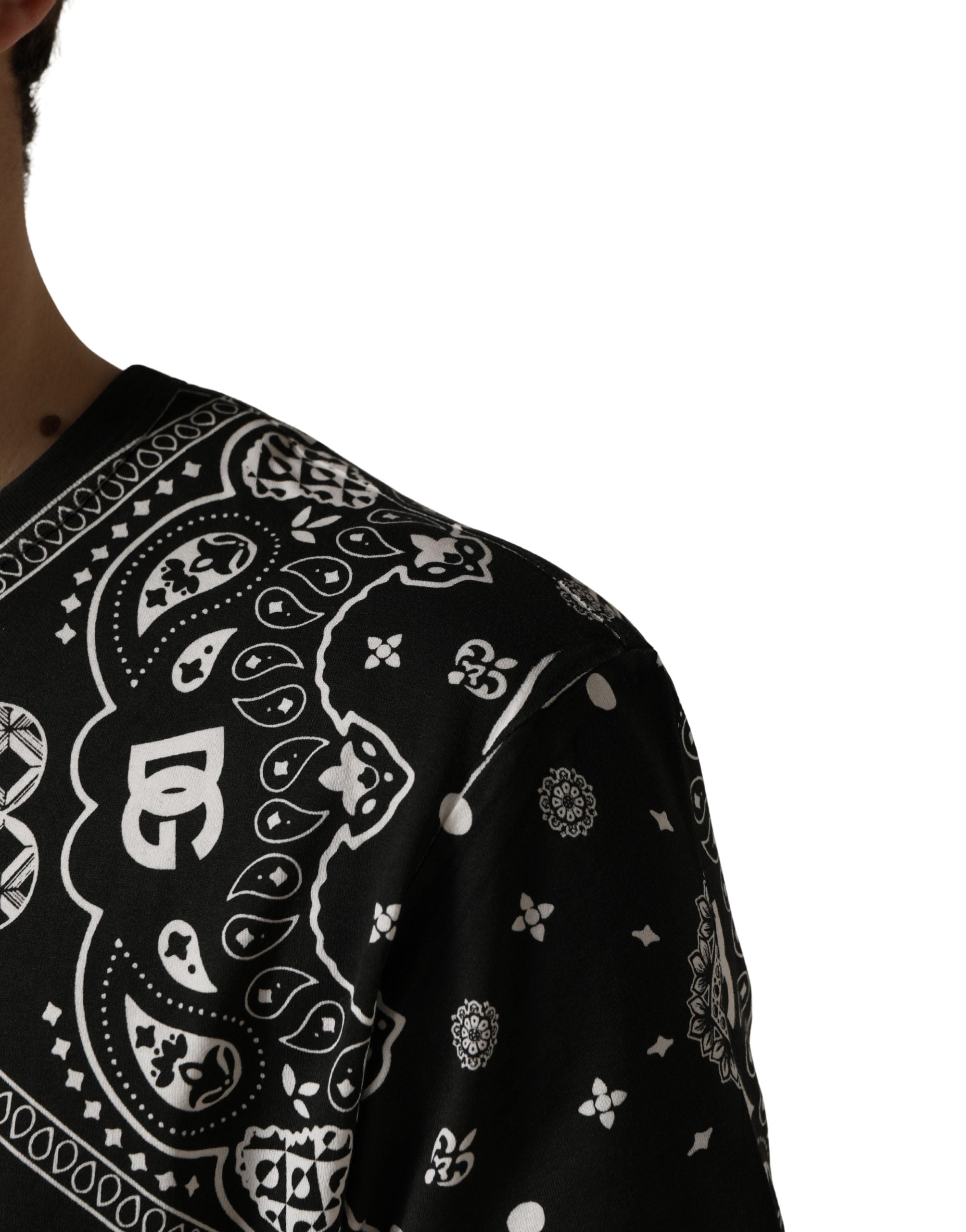 Dolce & Gabbana Schwarz-weißes Bandana Baumwoll-Rundhals-T-Shirt