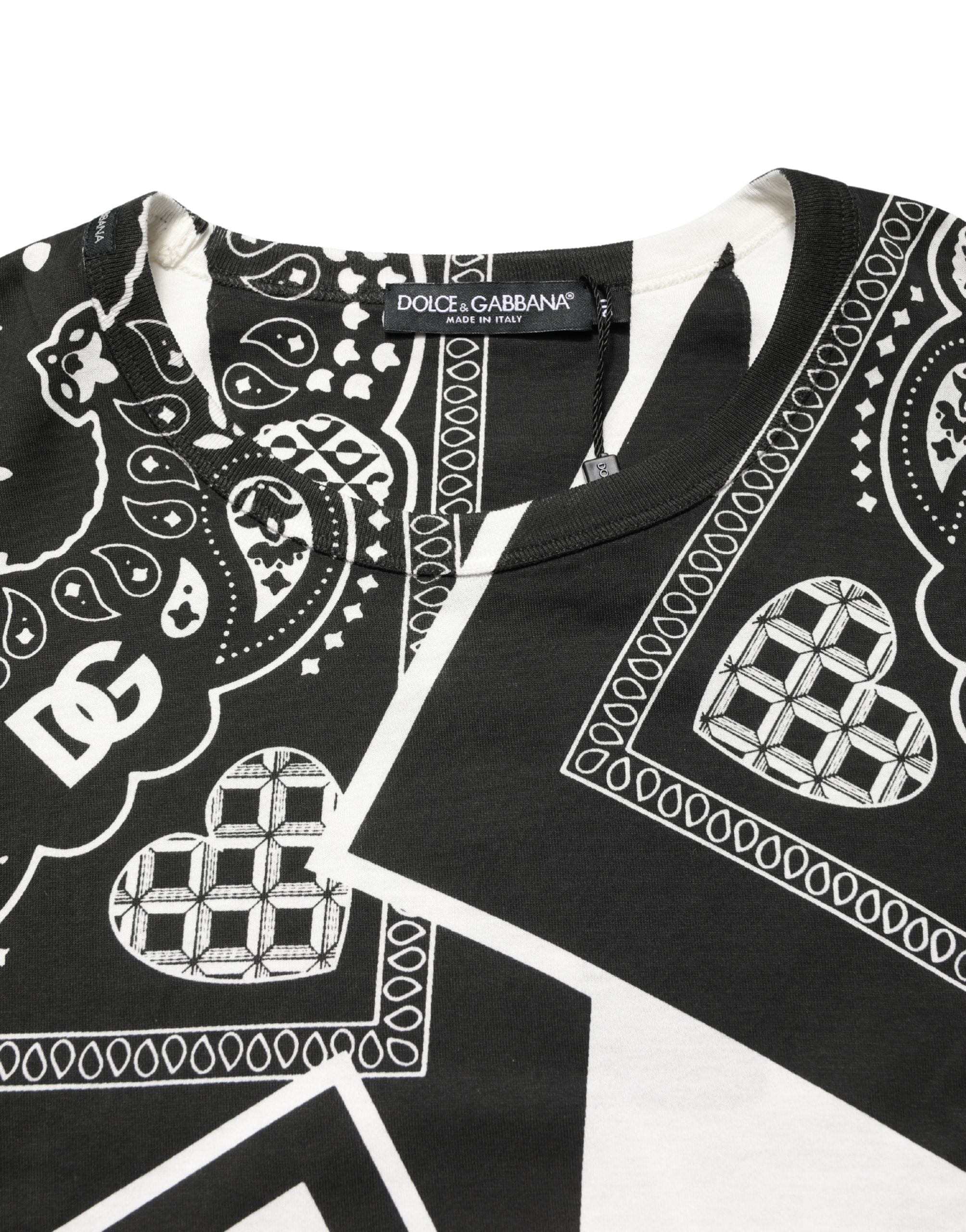Dolce & Gabbana Schwarz-weißes Bandana Baumwoll-Rundhals-T-Shirt