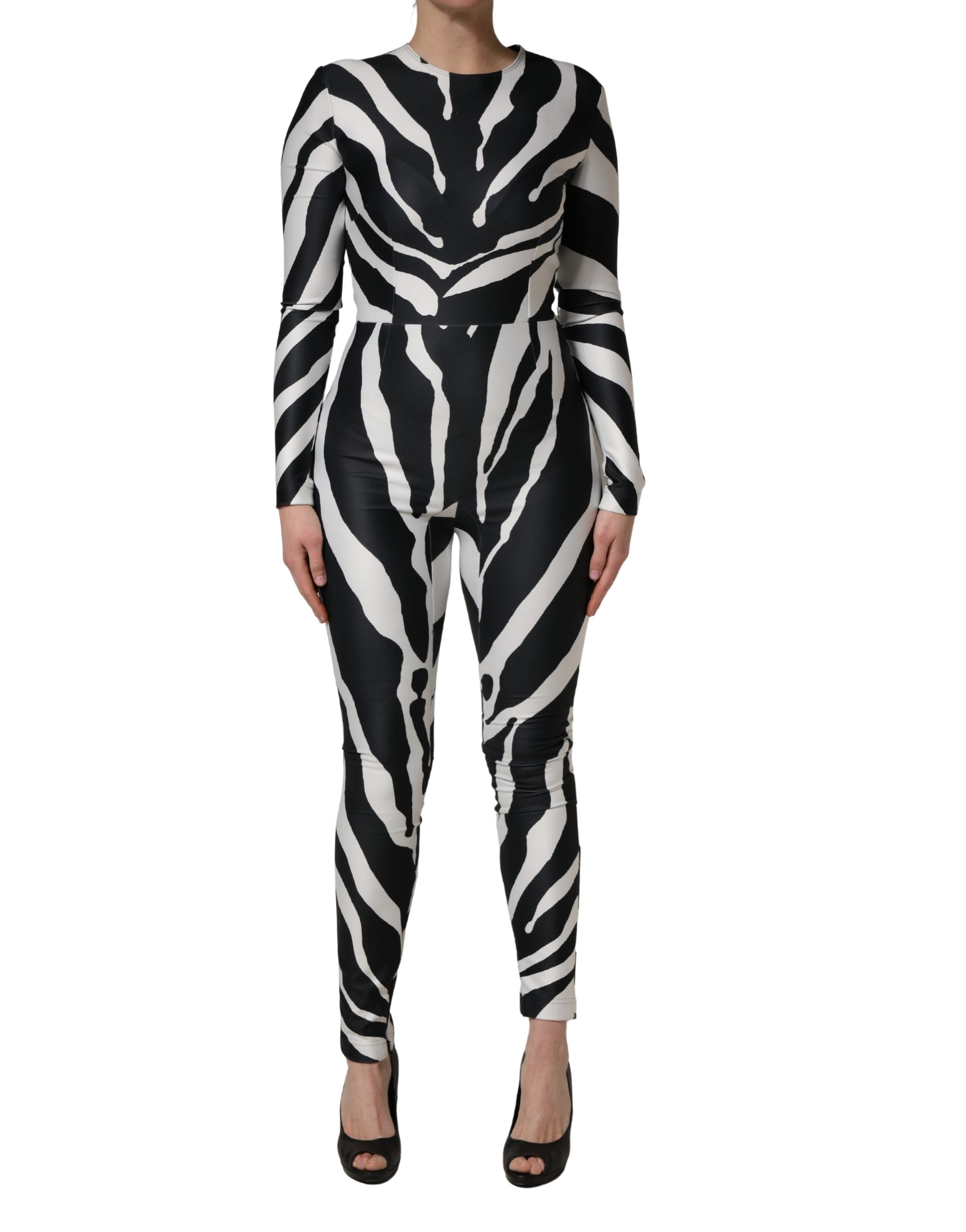 Dolce & Gabbana Jumpsuit aus Polyester mit Zebra-Muster, Schwarz-Weiß