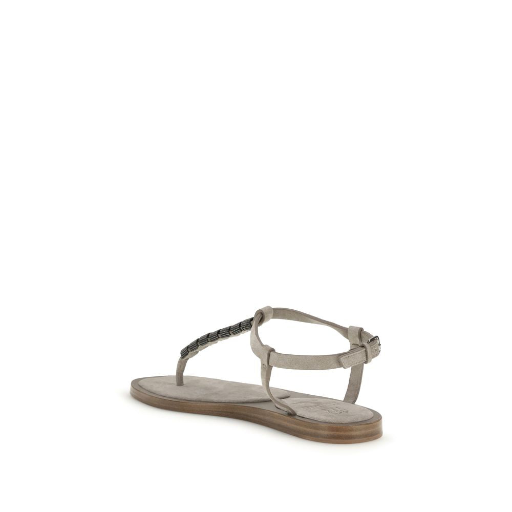 Brunello Cucinelli Flache Sandalen aus beigefarbenem Kalbsleder vom Bos Taurus