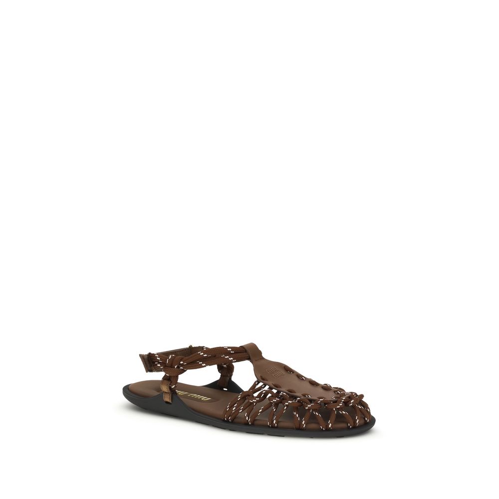 Miu Miu Brown Calf Leather Bos Taurus Flat Sandals