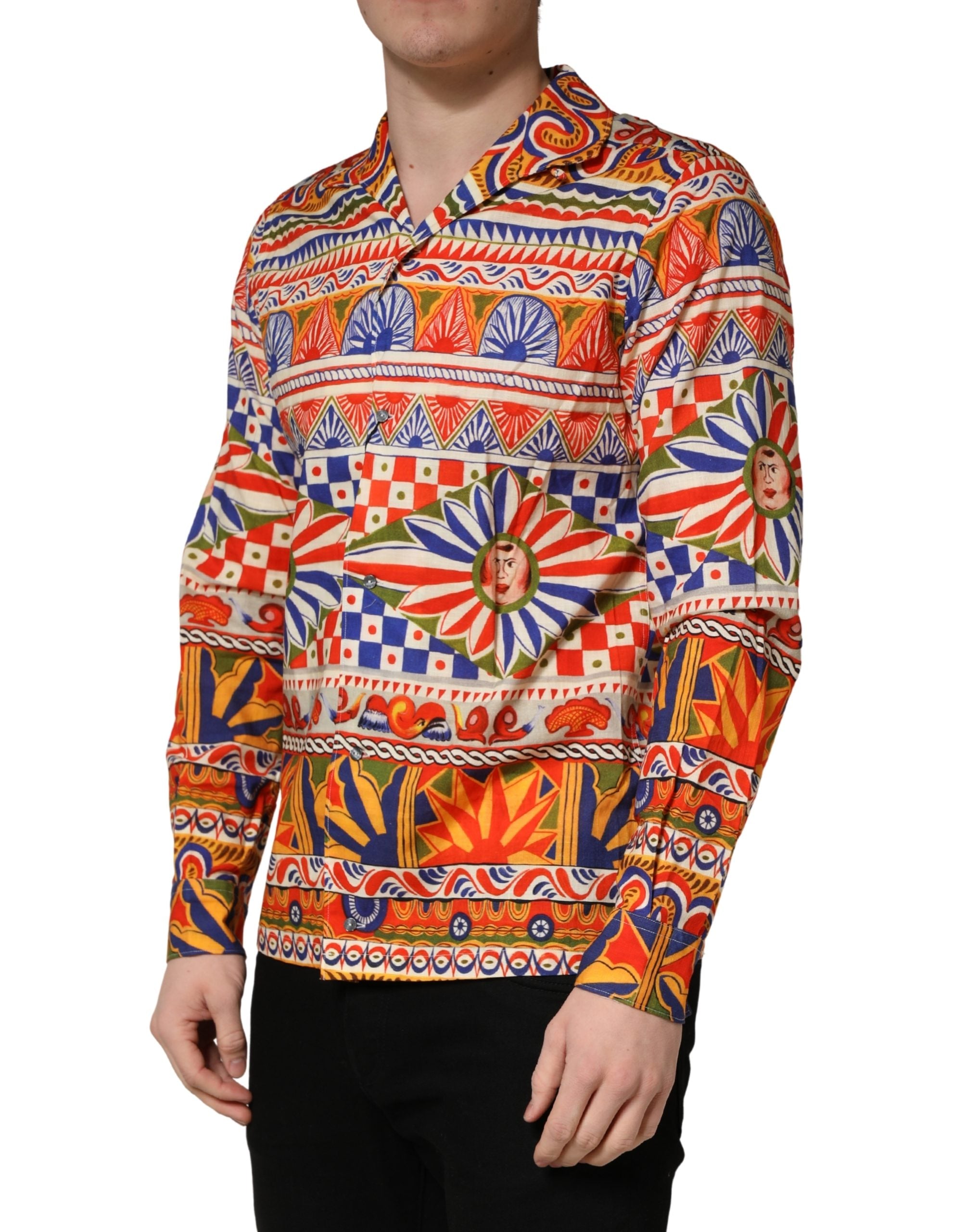 Dolce & Gabbana Herrenhemd aus Twill-Baumwolle mit mehrfarbigem sizilianischem Carretto-Muster
