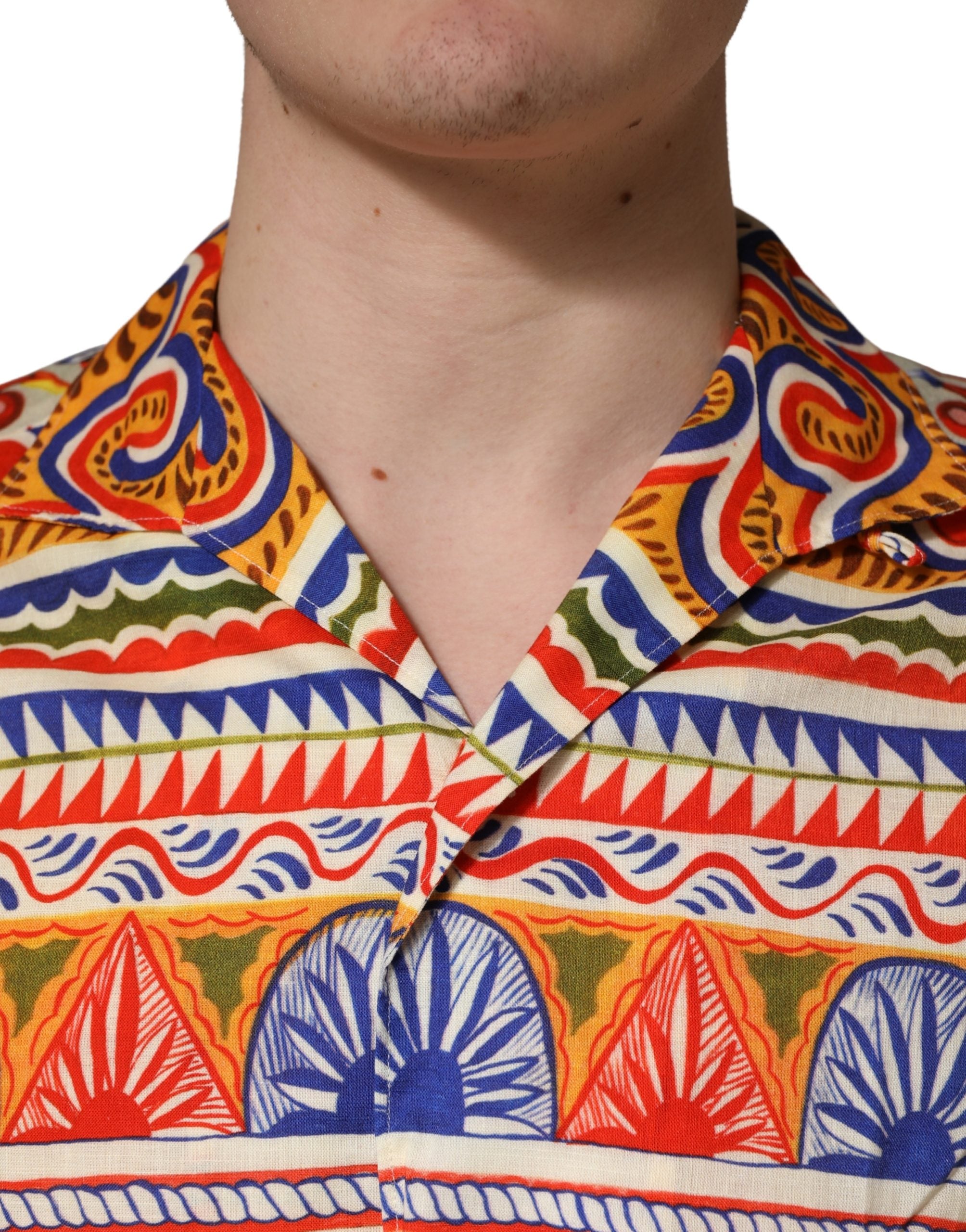 Dolce & Gabbana Herrenhemd aus Twill-Baumwolle mit mehrfarbigem sizilianischem Carretto-Muster