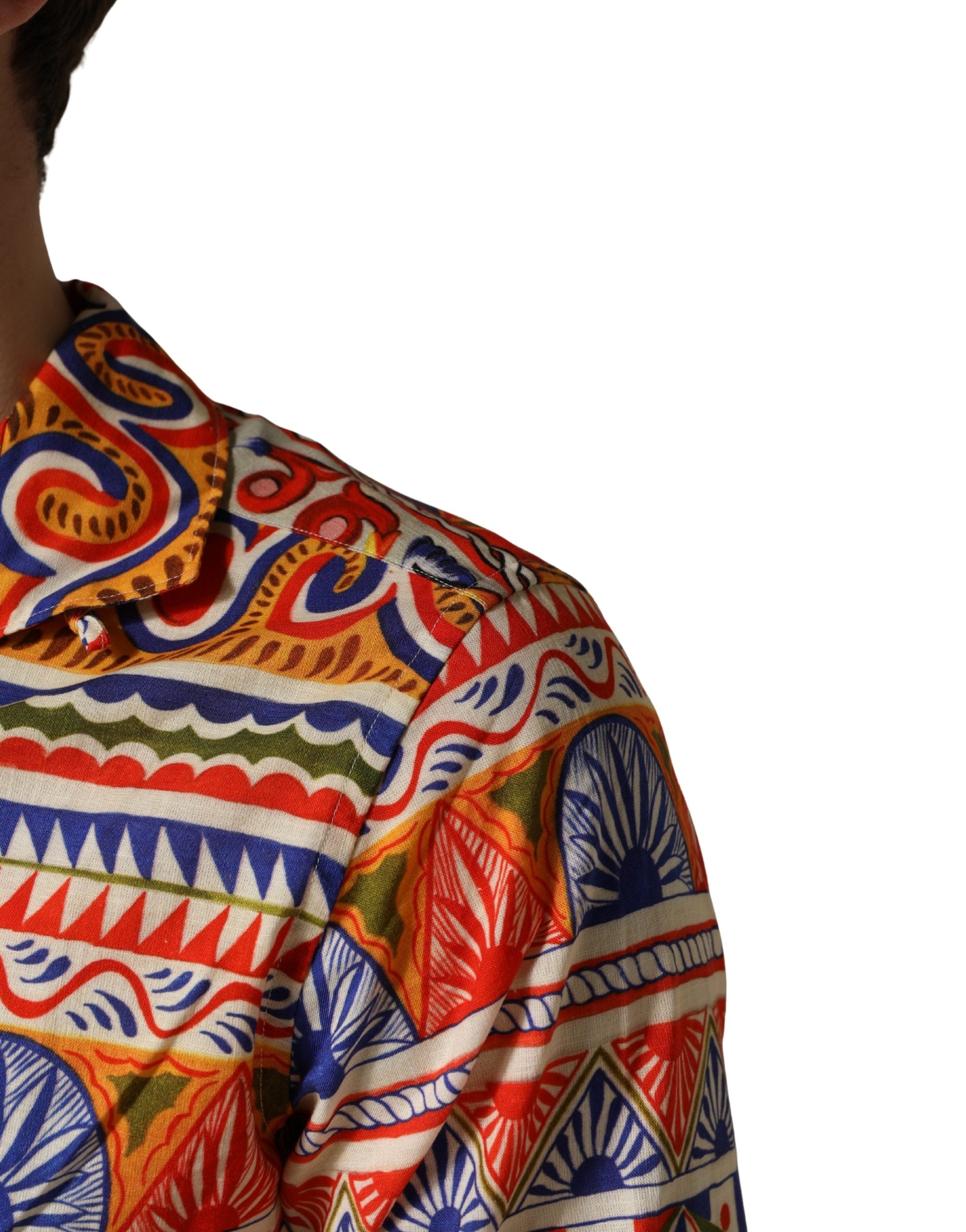 Dolce & Gabbana Herrenhemd aus Twill-Baumwolle mit mehrfarbigem sizilianischem Carretto-Muster