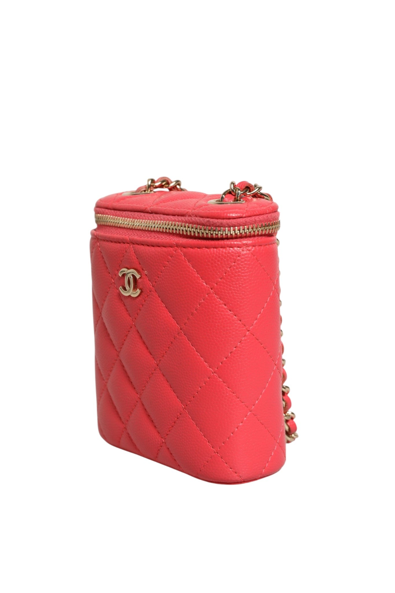Trousse de Toilette Chanel Coco Beauty Verticale Matelassée en Cuir Caviar Rouge avec Chaîne (Petit Modèle)