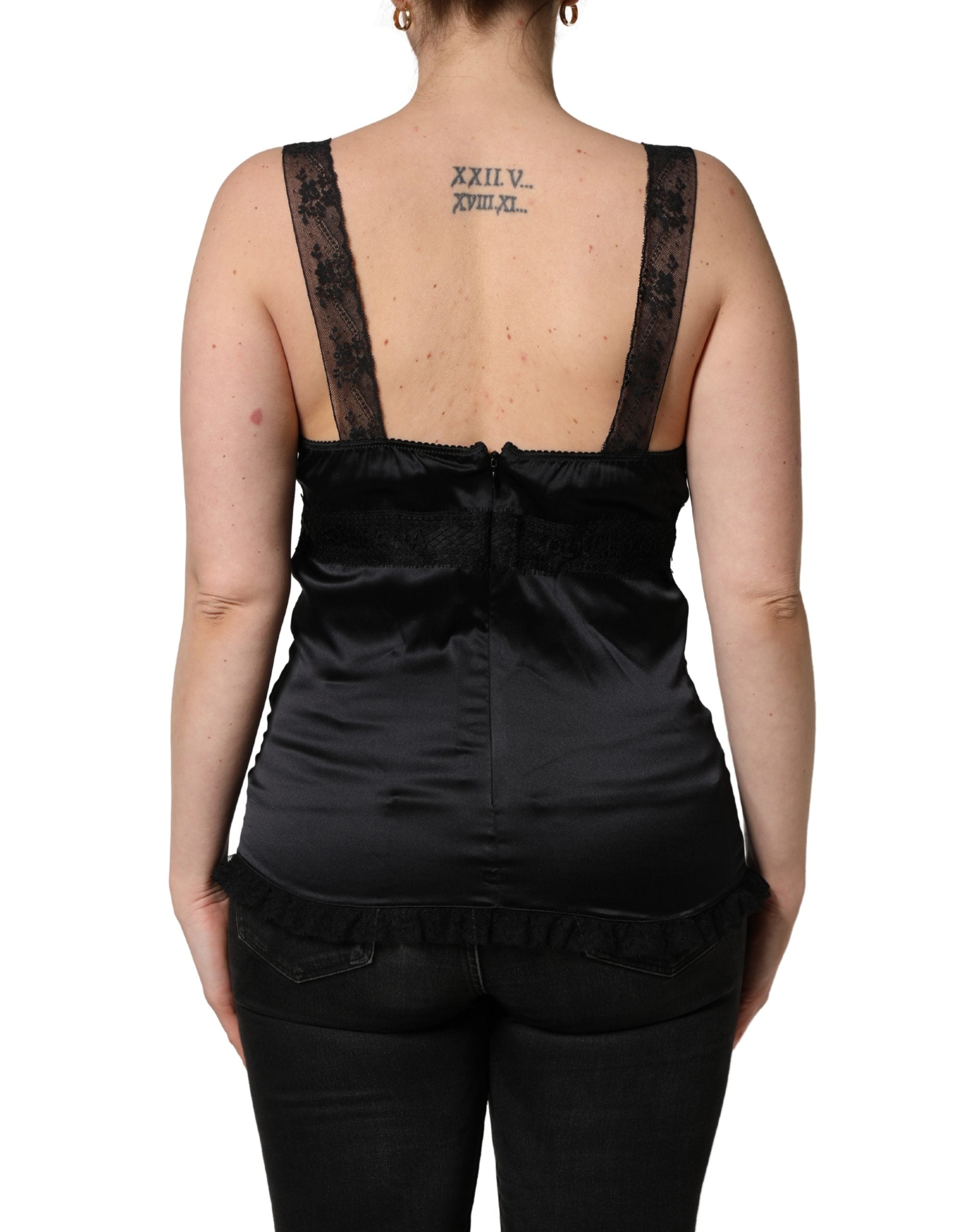 Dolce & Gabbana Schwarzes Seiden-Spitzen-Camisole mit V-Ausschnitt Tank Top