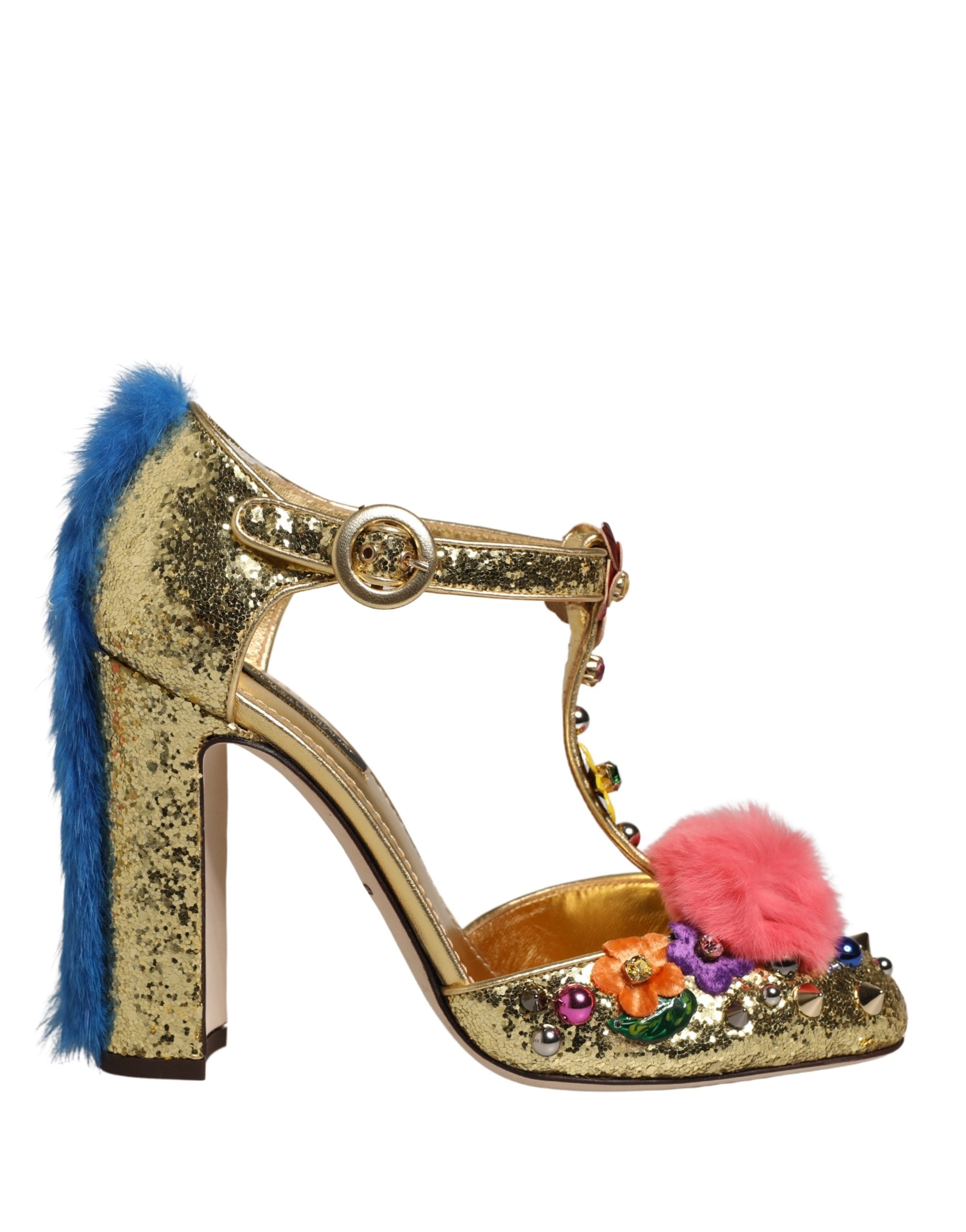 Dolce & Gabbana Goldene Glitter T-Riemen-Sandalen mit Pelzbesatz