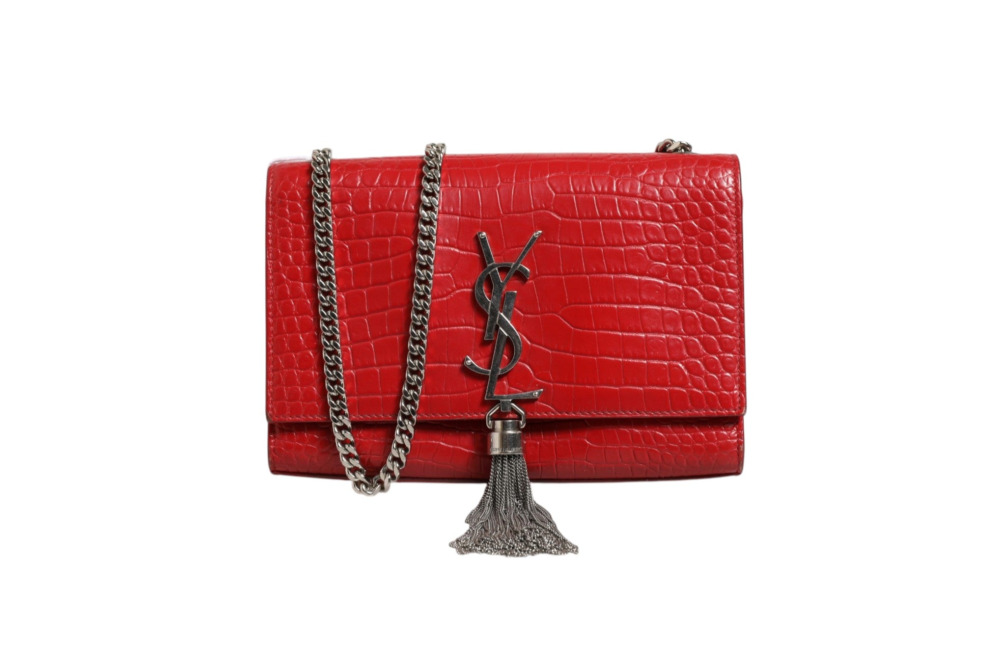 Saint Laurent Kate Tassel Chain Bag in Red Crocodile Embossed Leather