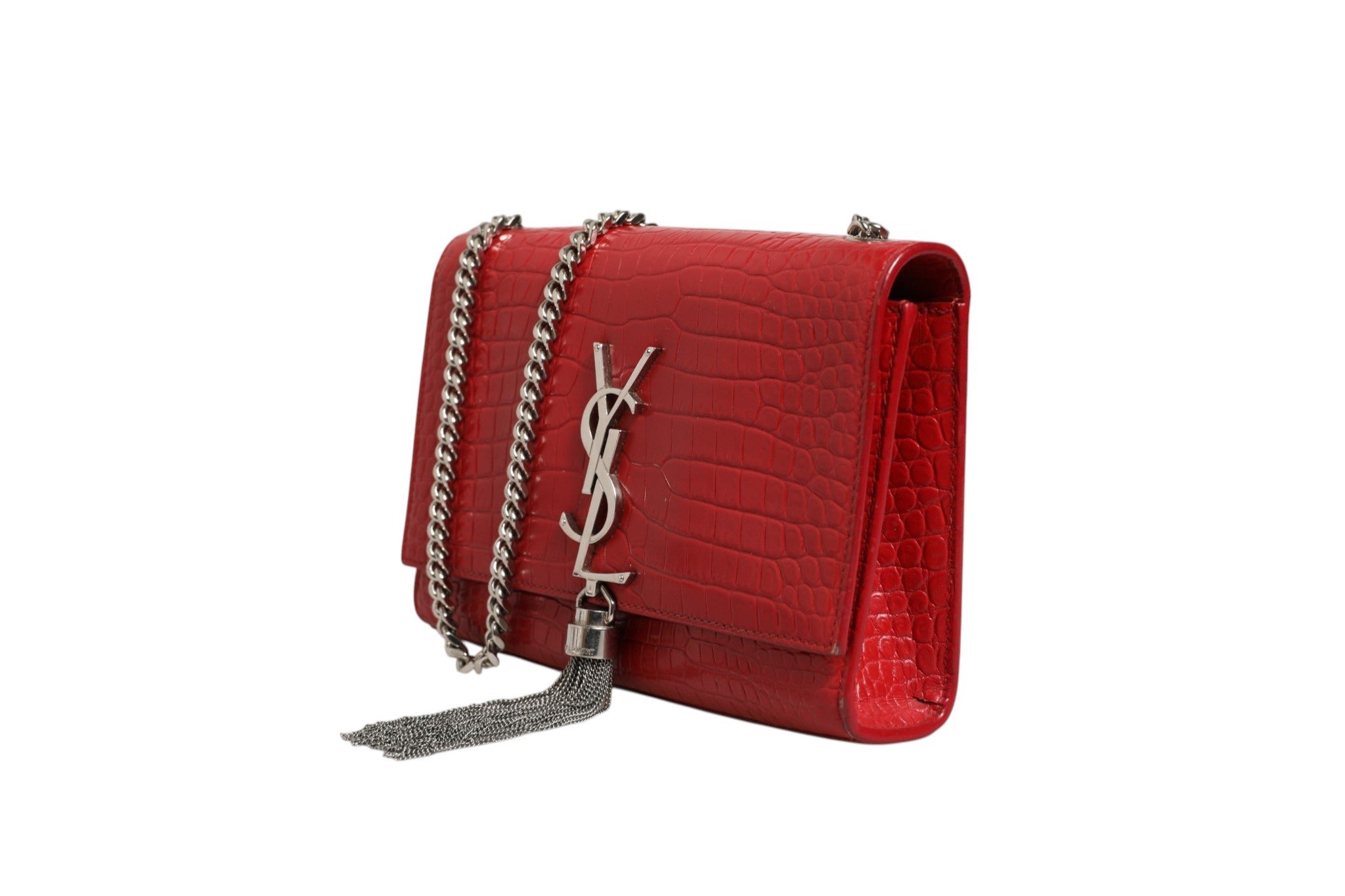 Saint Laurent Kate Tassel Chain Bag aus rot krokogeprägtem Leder