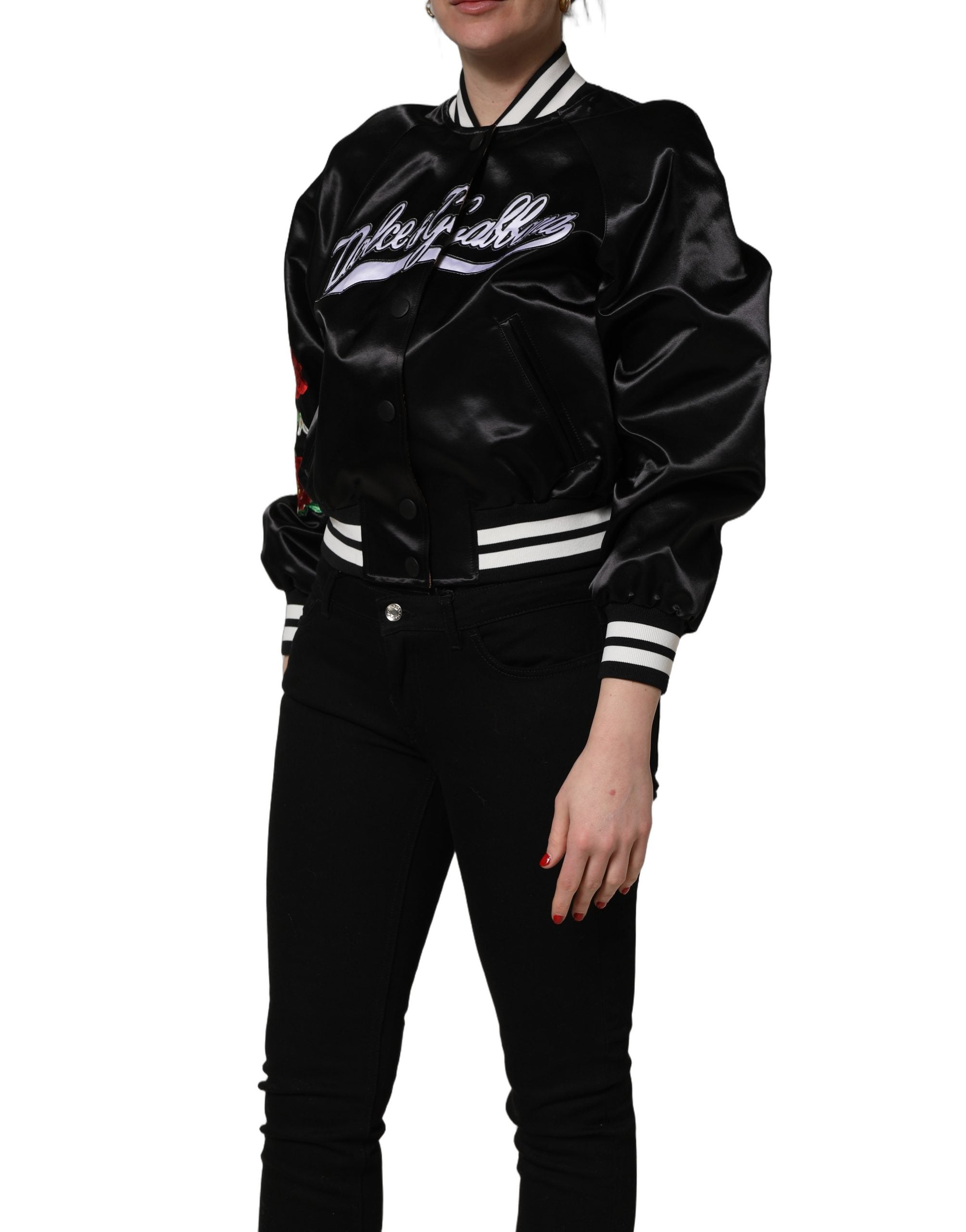 Dolce & Gabbana Schwarze Satin-Bomberjacke mit floraler Stickerei