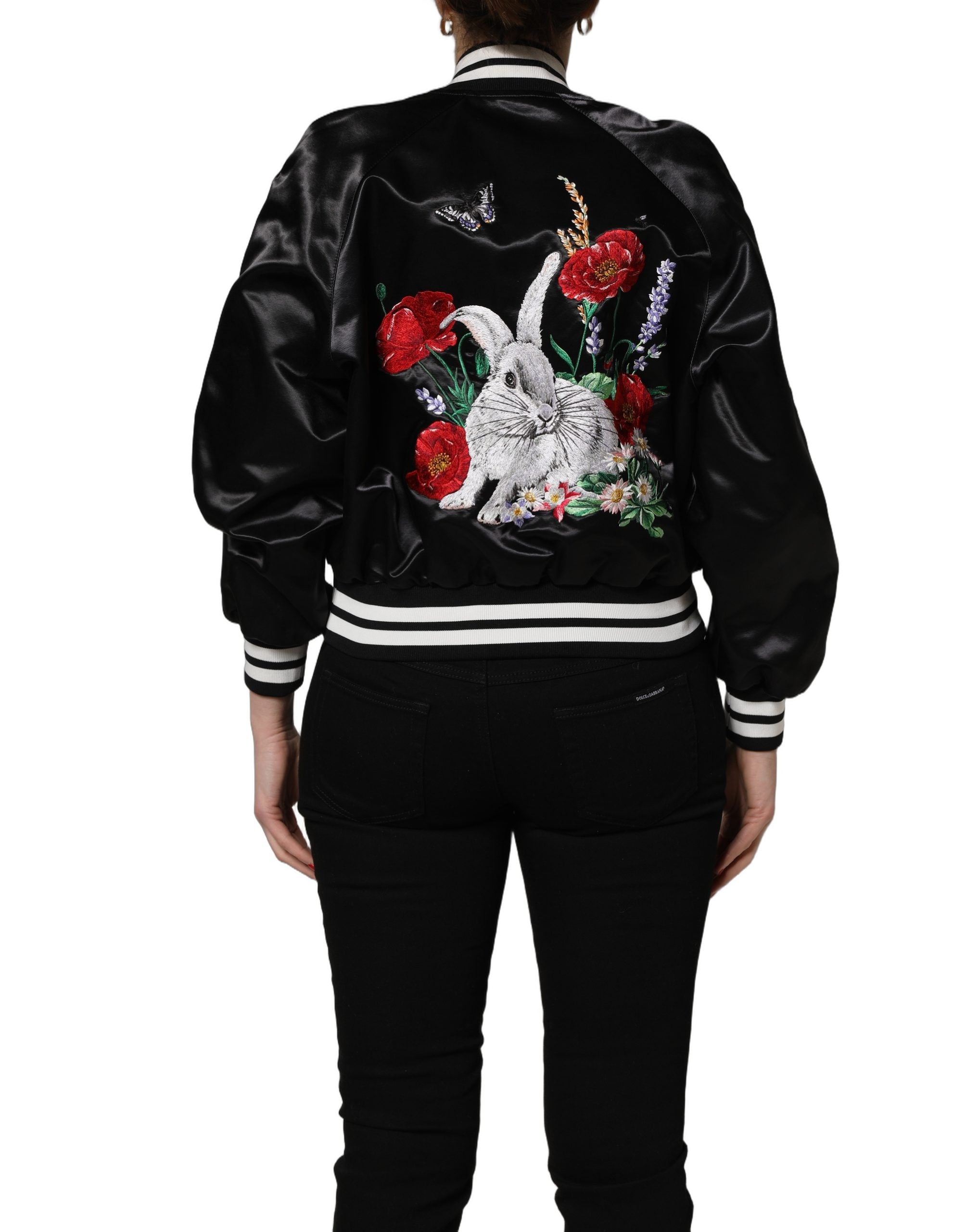 Dolce & Gabbana Schwarze Satin-Bomberjacke mit floraler Stickerei