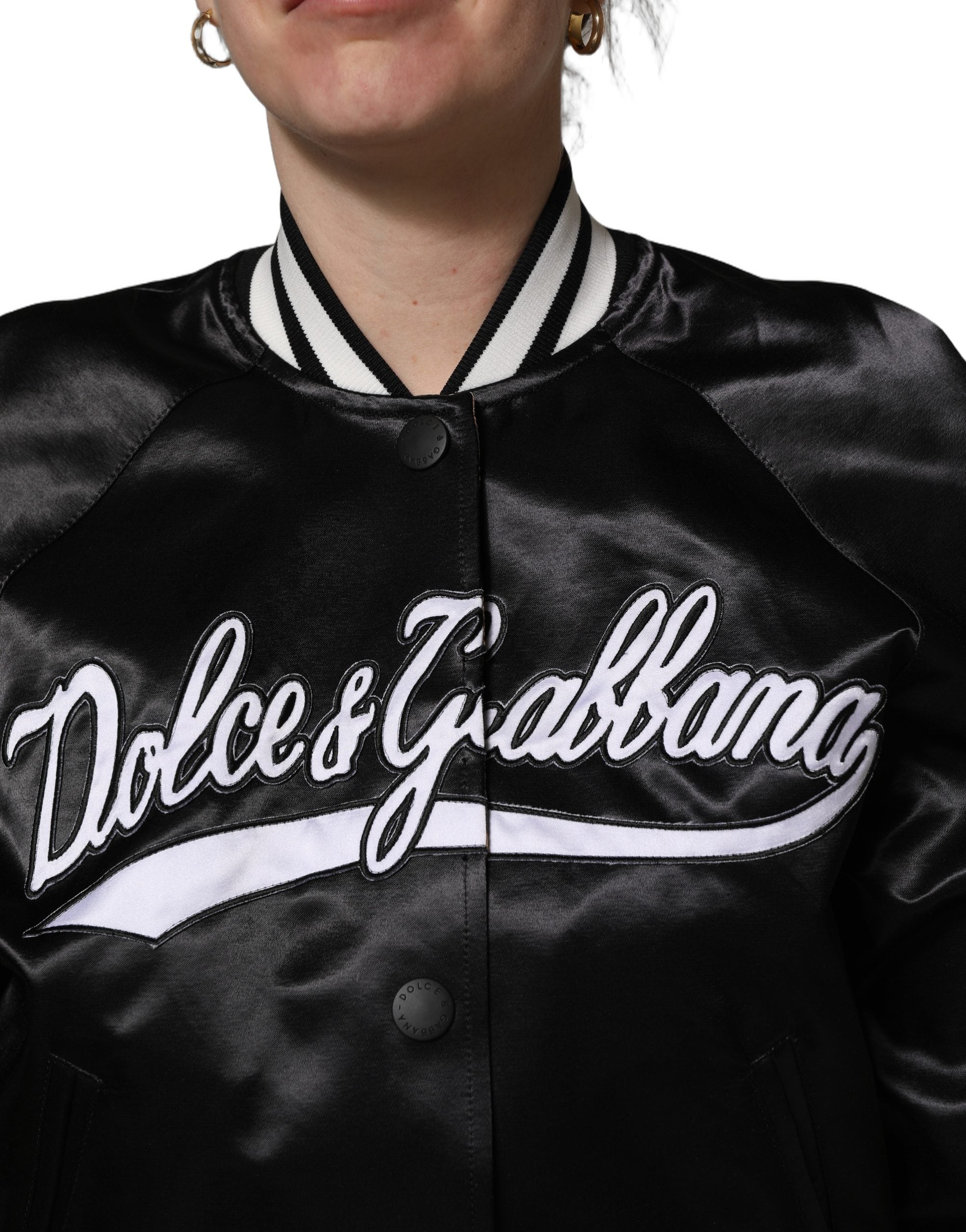 Dolce & Gabbana Schwarze Satin-Bomberjacke mit floraler Stickerei