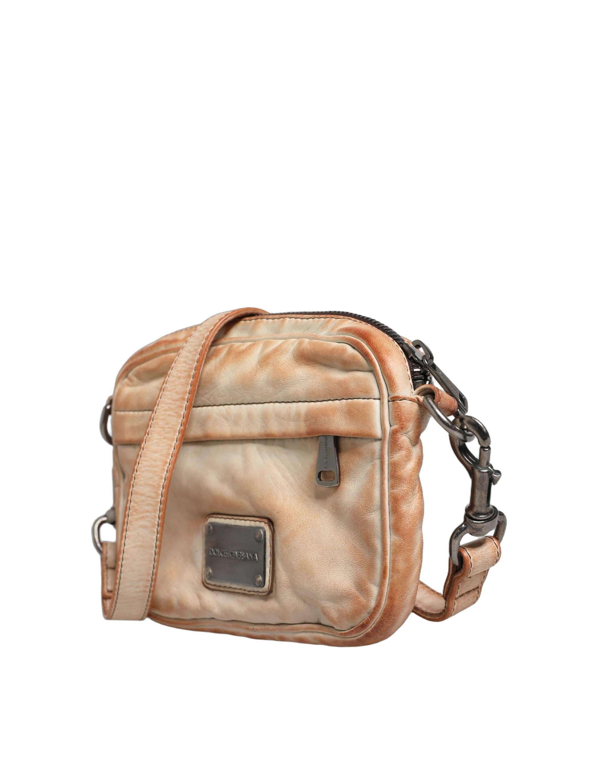 Sac bandoulière homme Dolce & Gabbana en cuir vintage beige avec plaque logo