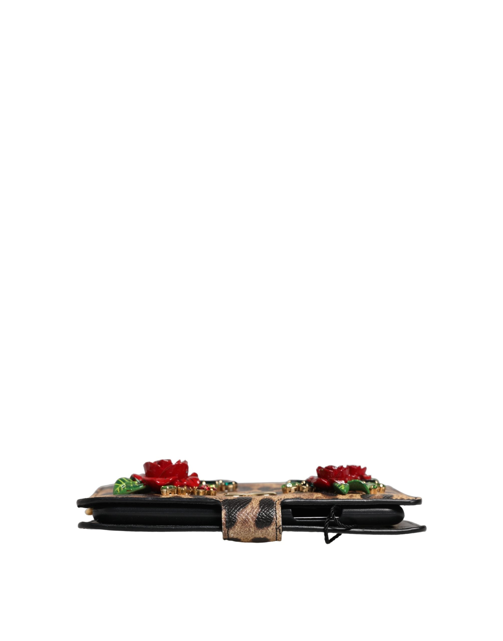 Étui à rabat Dolce & Gabbana léopard marron orné de cristaux pour iPhone X - XS