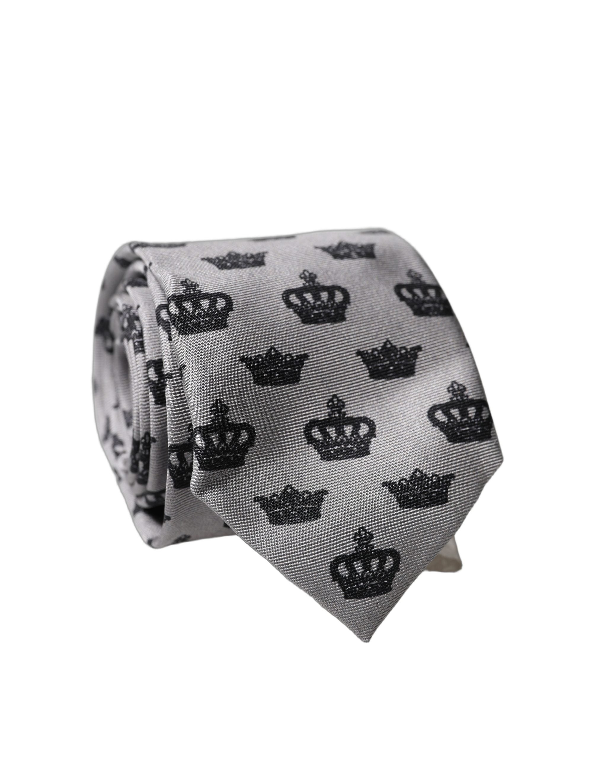 Cravate en soie grise ajustable à nouer pour homme Dolce & Gabbana motif Couronne Fantaisie