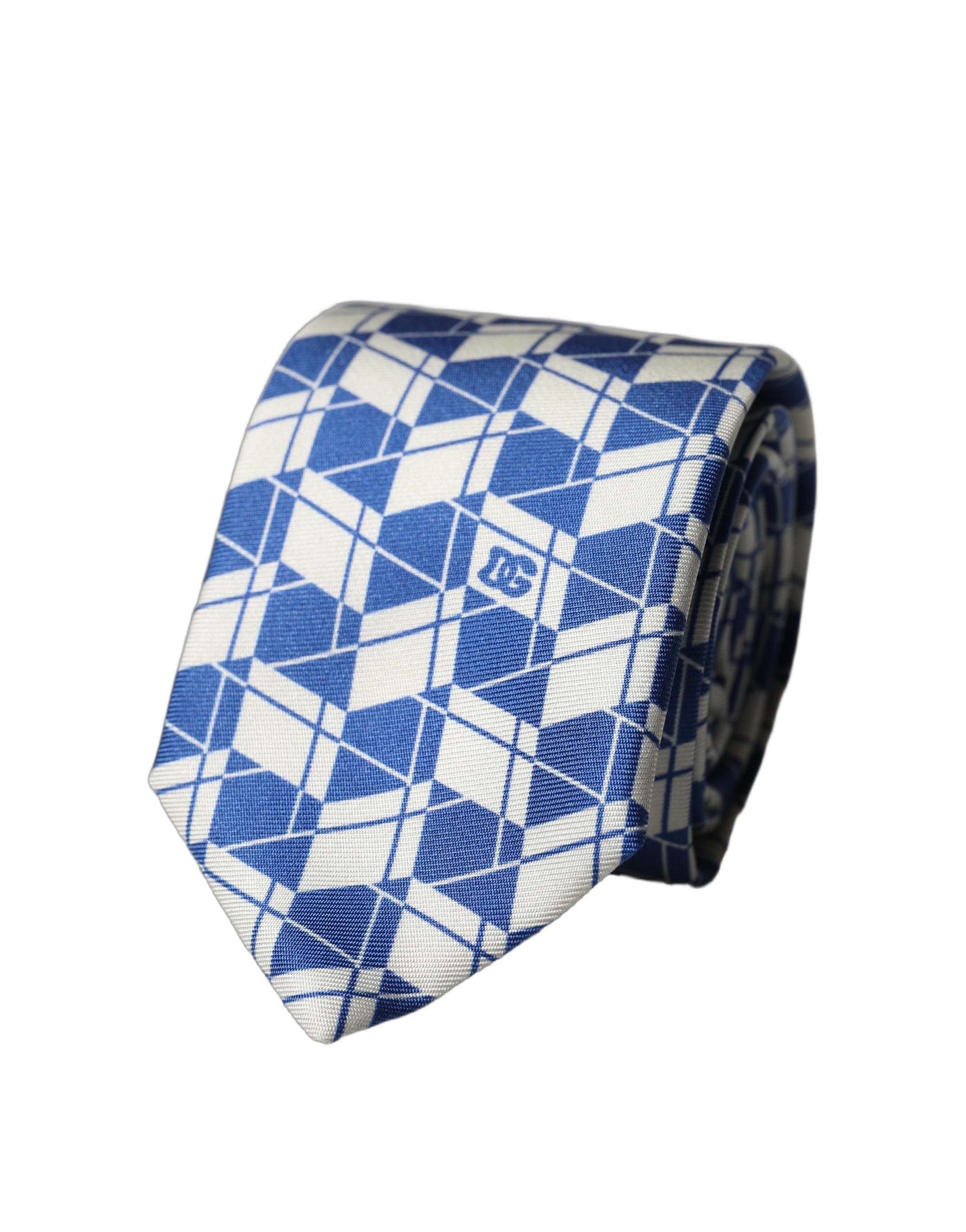 Dolce & Gabbana Blau Weiß Geometrisch Seide Verstellbar Herren Krawatte