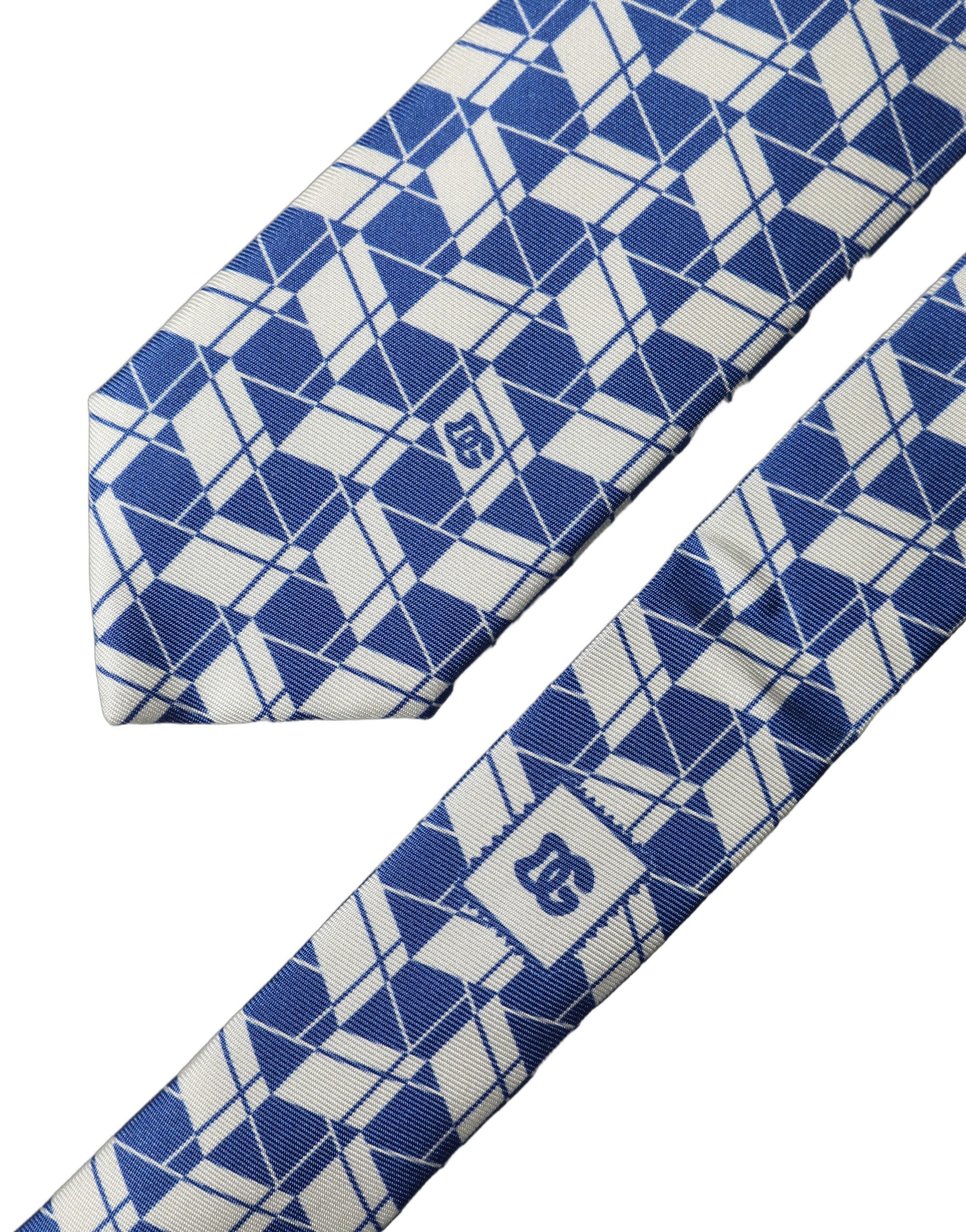 Dolce & Gabbana Blau Weiß Geometrisch Seide Verstellbar Herren Krawatte