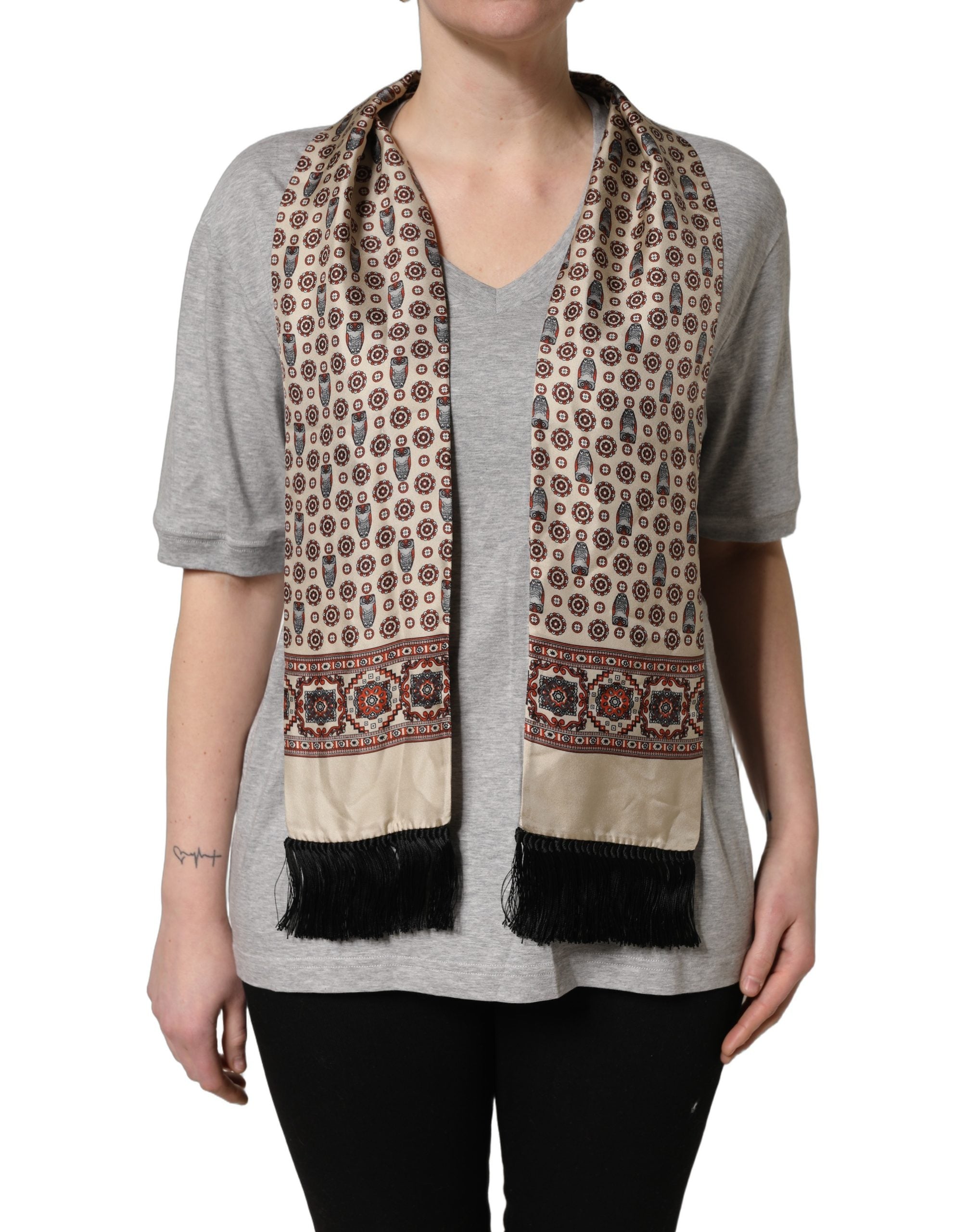 T-shirt Dolce & Gabbana en coton gris à col en V avec foulard en soie motif hibou