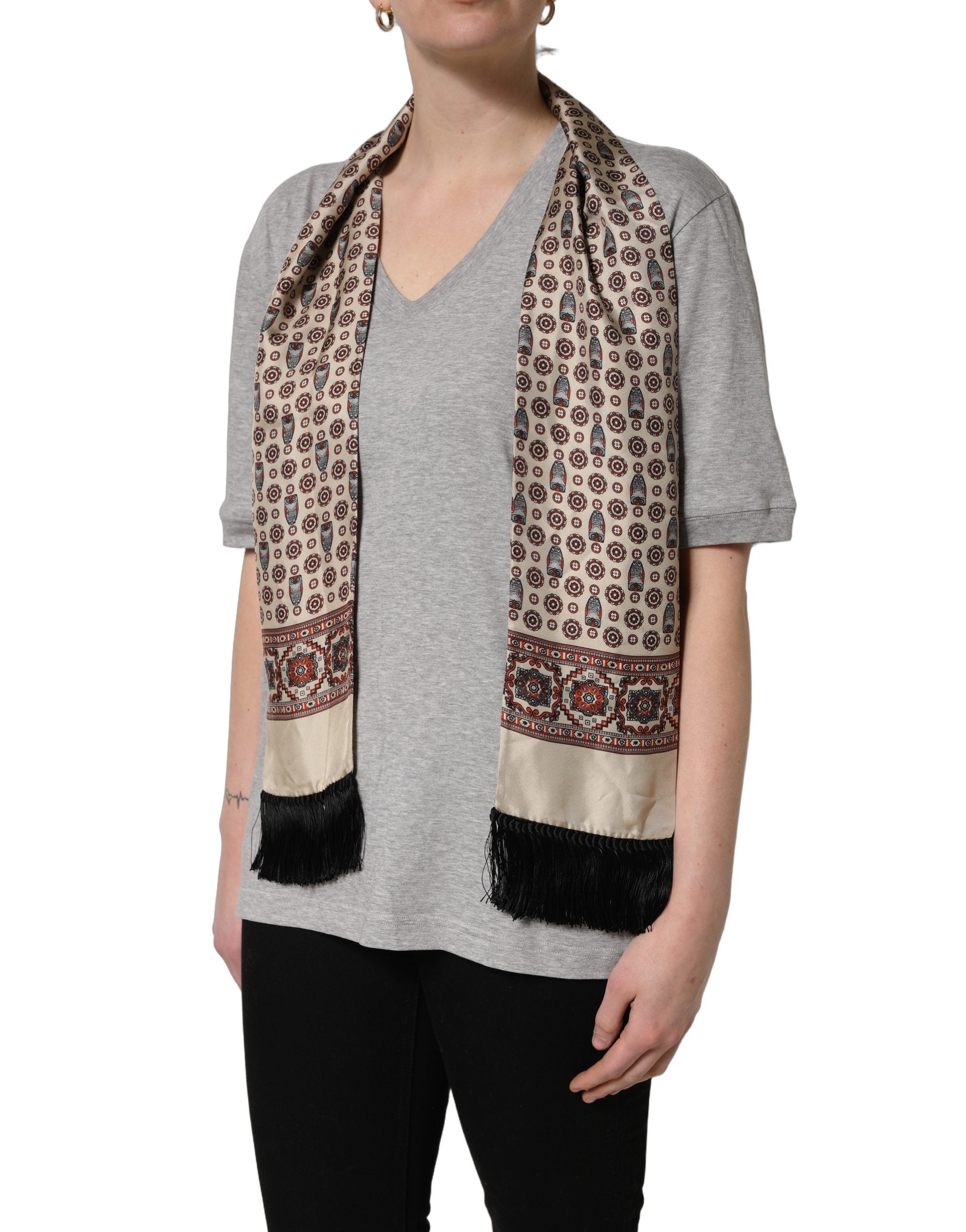 T-shirt Dolce & Gabbana en coton gris à col en V avec foulard en soie motif hibou