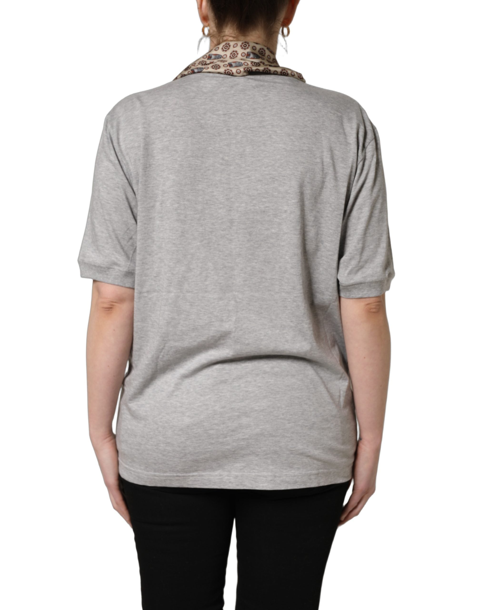 T-shirt Dolce & Gabbana en coton gris à col en V avec foulard en soie motif hibou