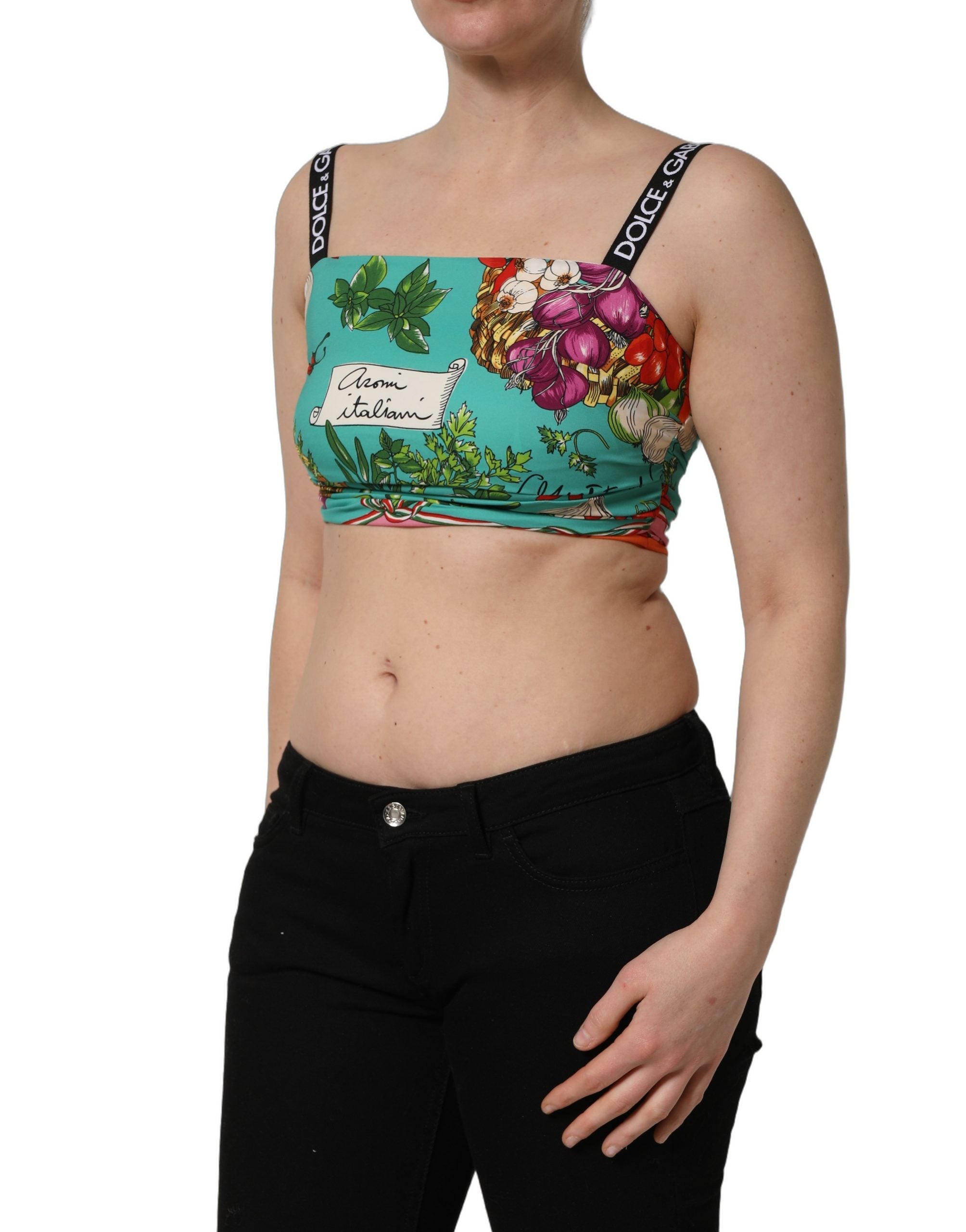 Débardeur court en soie Dolce & Gabbana turquoise imprimé végétal