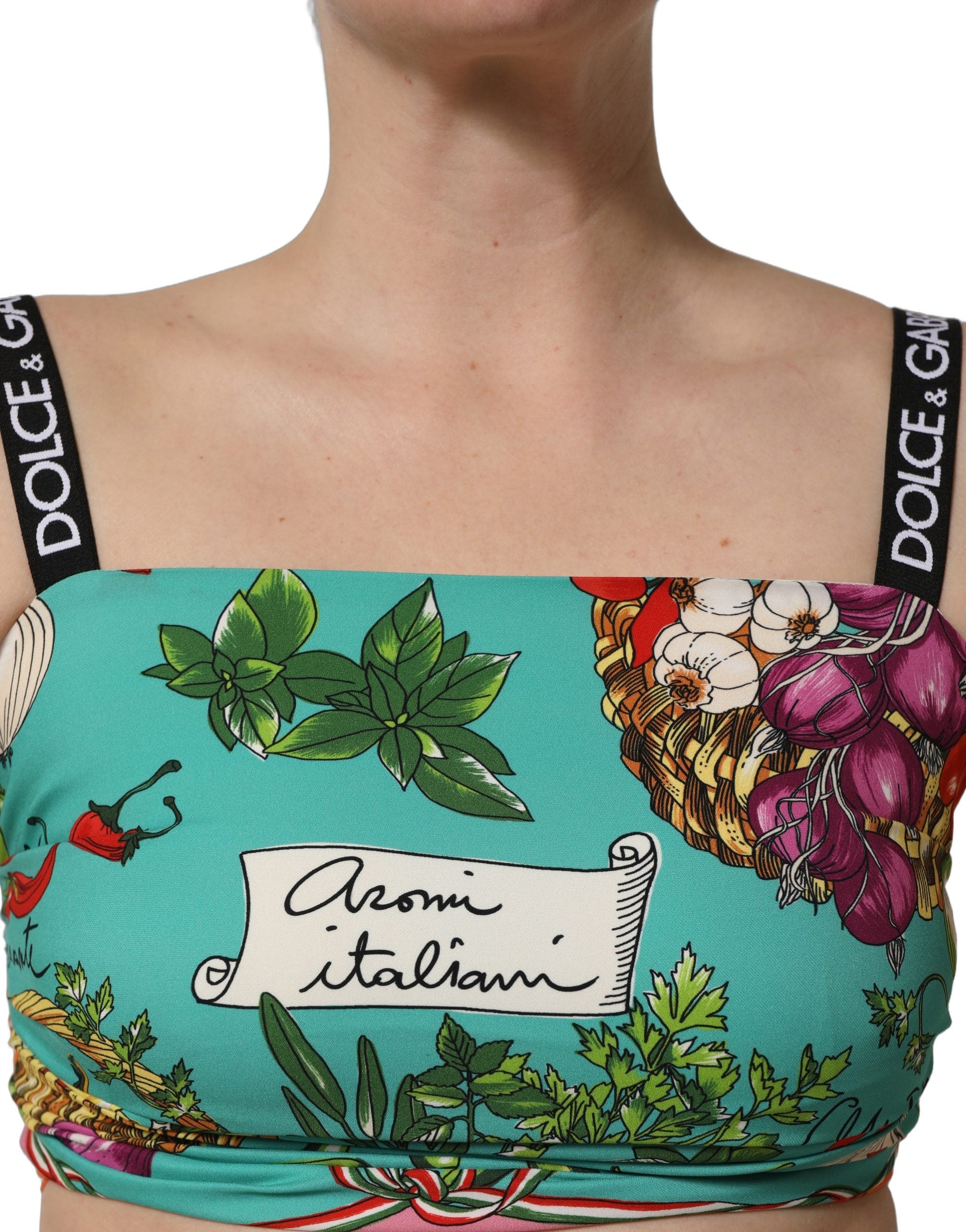 Débardeur court en soie Dolce & Gabbana turquoise imprimé végétal