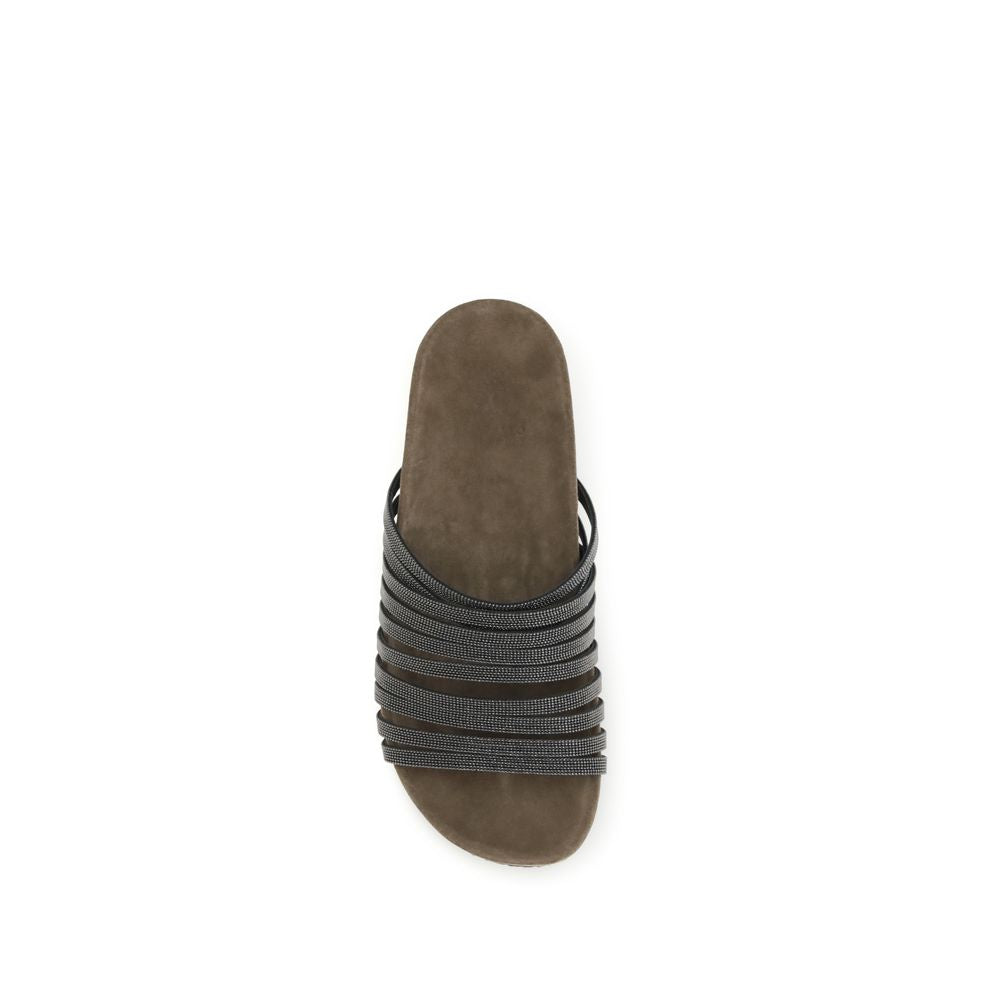 Brunello Cucinelli Flache Sandalen aus schwarzem Kalbsleder Bos Taurus