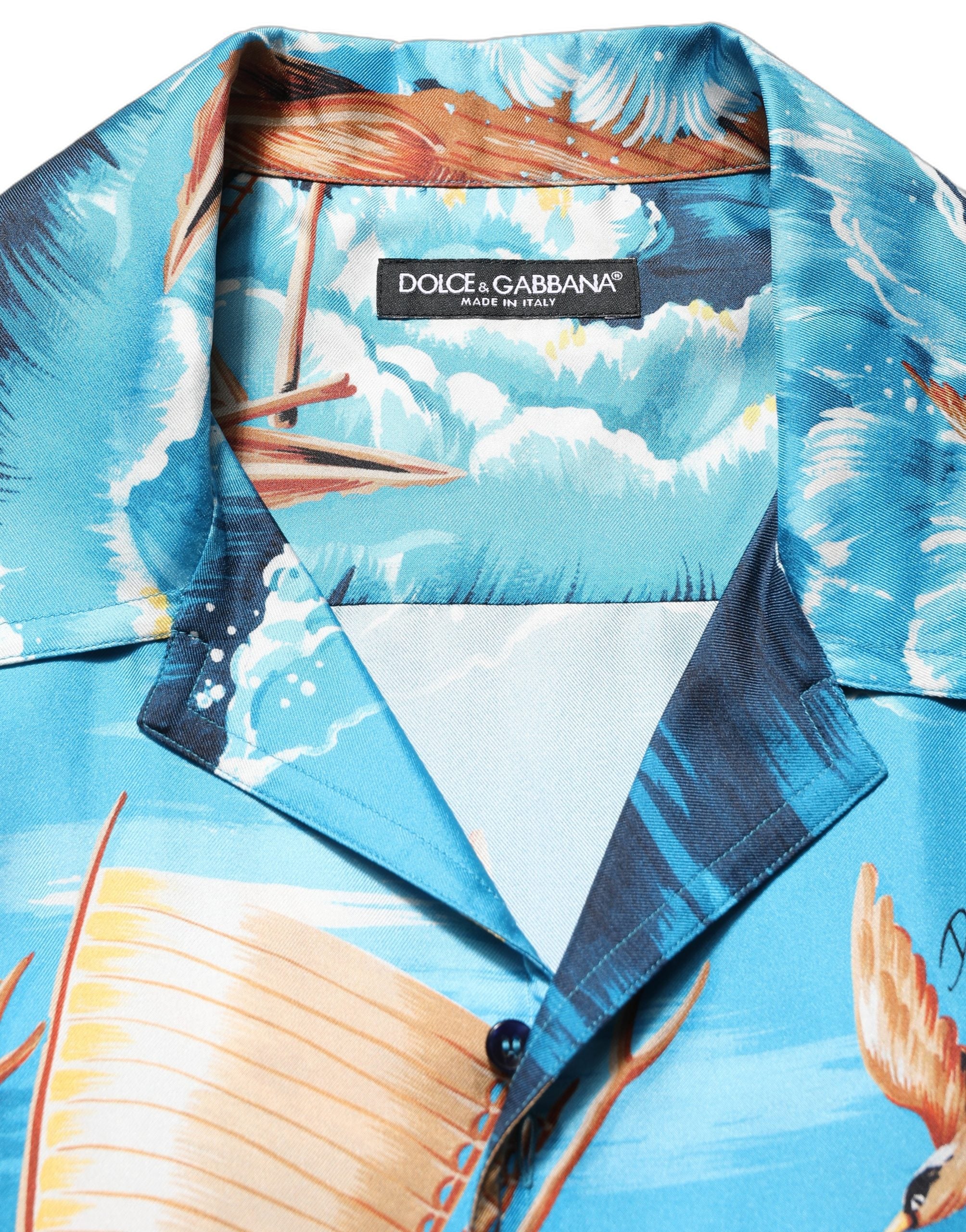 Chemise Hawaïenne en Sergé de Soie Bleue Imprimé Graphique Dolce & Gabbana