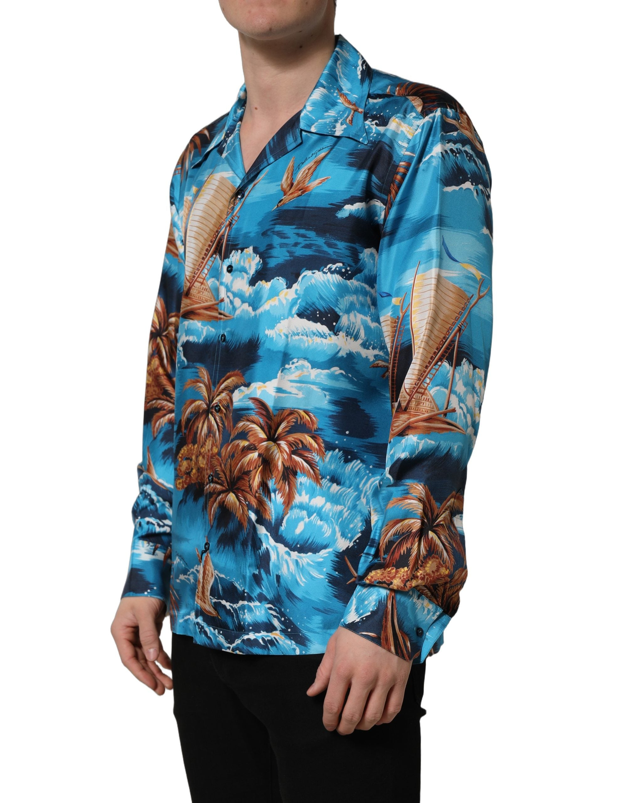 Chemise Hawaïenne en Sergé de Soie Bleue Imprimé Graphique Dolce & Gabbana