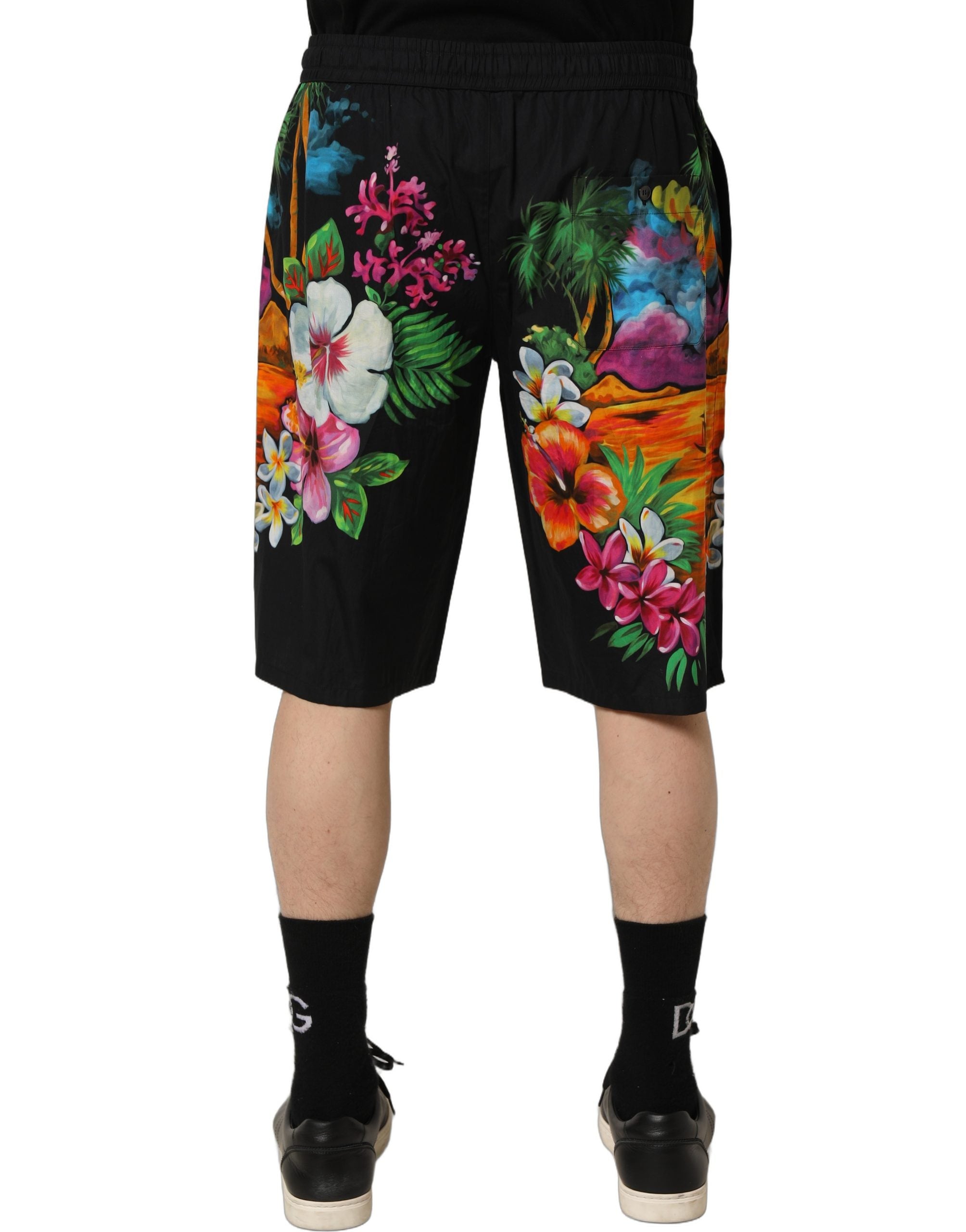 Dolce & Gabbana Black Cotton Tropical Floral Bermuda Shorts