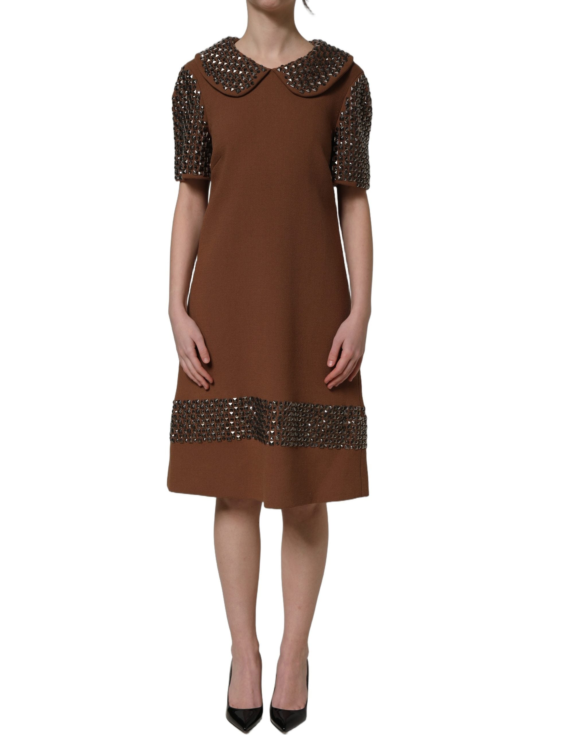 Dolce & Gabbana Braunes Midi-Kleid aus Wolle mit Strassverzierungen